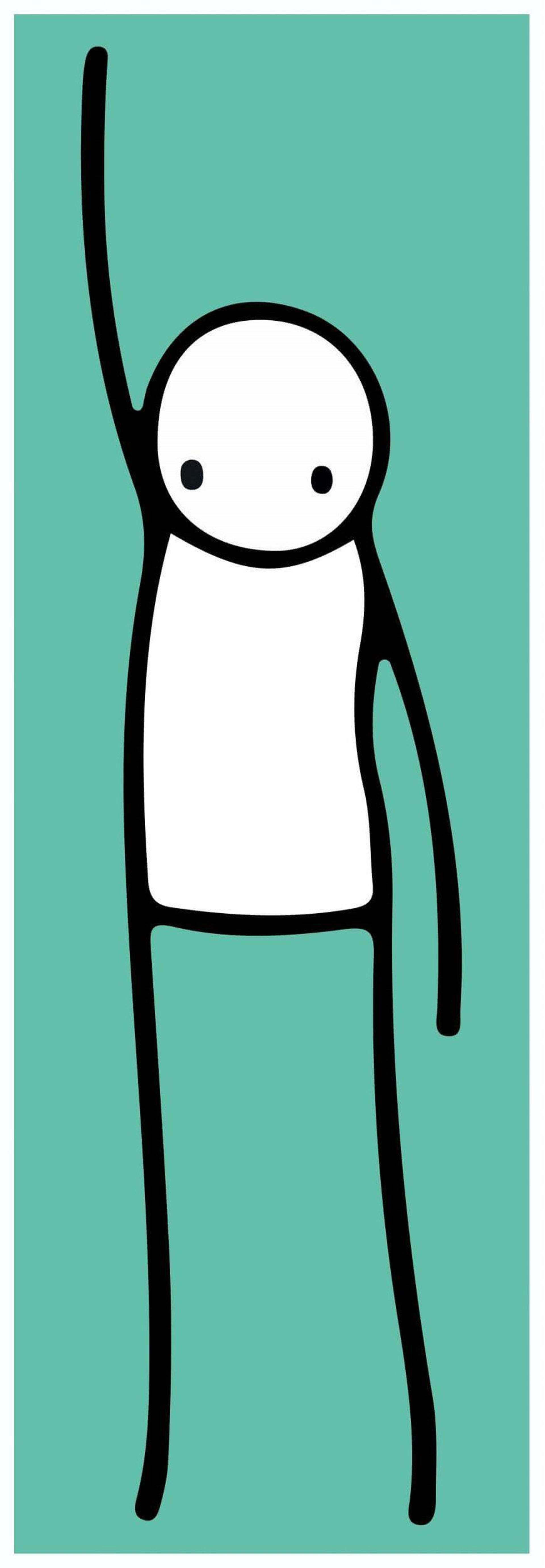 STIK’s Liberty (teal). A screenprint of a stick figure with their arm raised in the air against a teal background. 
