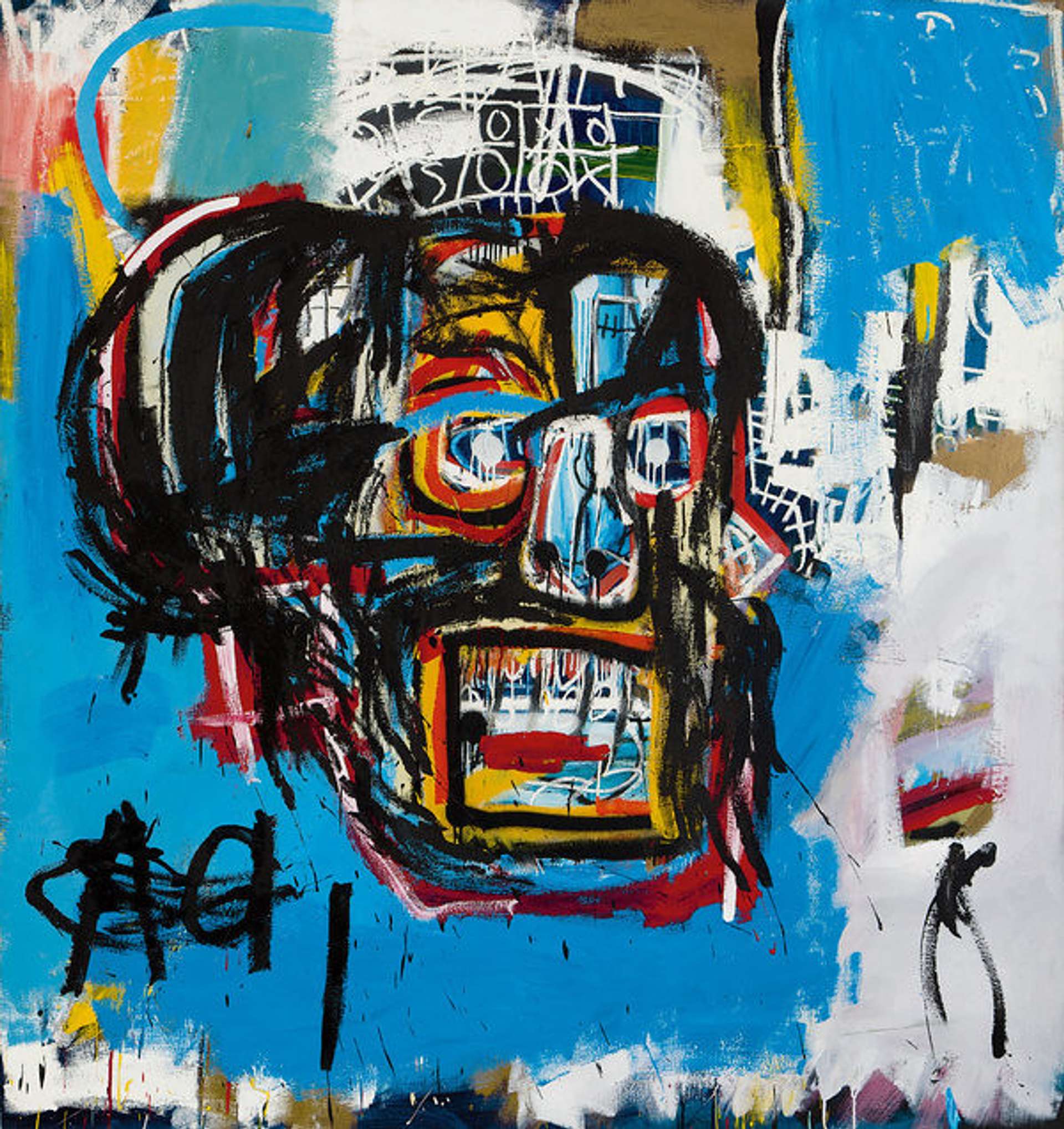 An expressive painting titled "Untitled (Skull)" by Jean-Michel Basquiat, depicting a skull rendered in black, grey, and white with vibrant hints of colour, surrounded by the artist's trademark symbols and text.
