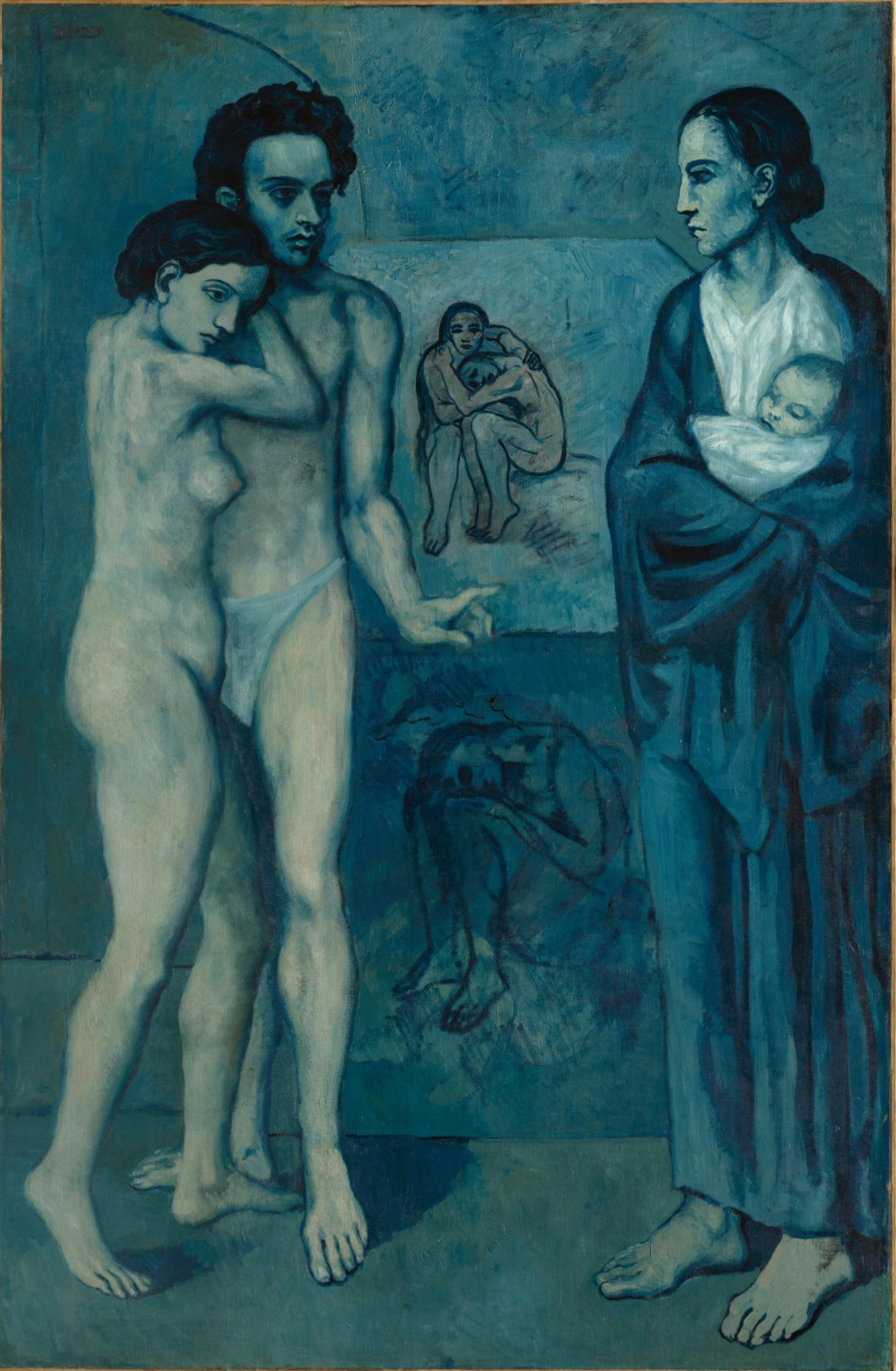 Painting by Pablo Picasso in a limited blue-green, cool toned palette. Two couples are depicted, a man and a woman, and a mother and baby. They stand in a room with two paintings, one depicting a couple and the other depicting a sorrowful lone figure.