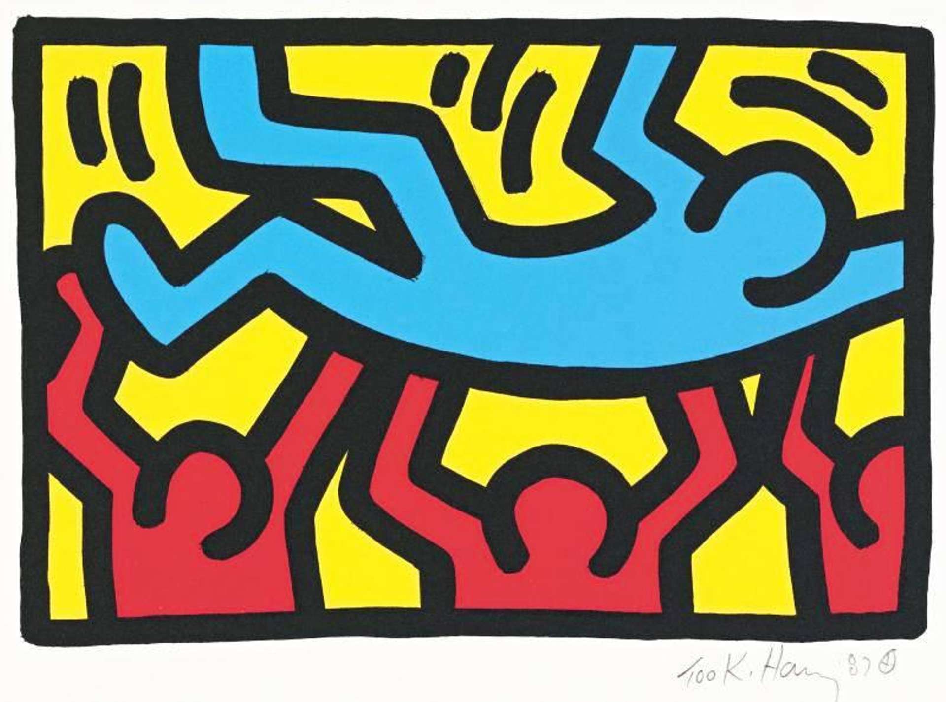 An image of Untitled (1987) by Keith Haring. It shows three red figures lifting up a dancing blue figure who is laying horizontally. They are against a yellow background.