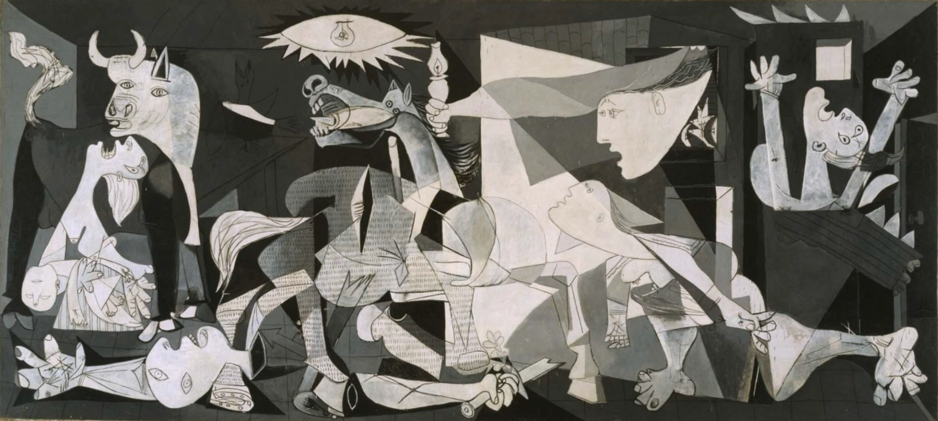 A stark monochrome painting by Picasso, depicting the bombing of Guernica during the Spanish Civil War. Through its portrayal of anguished figures, including a gored horse, a bull, screaming women, and a dismembered soldier, the painting conveys the chaos and suffering caused by violence.