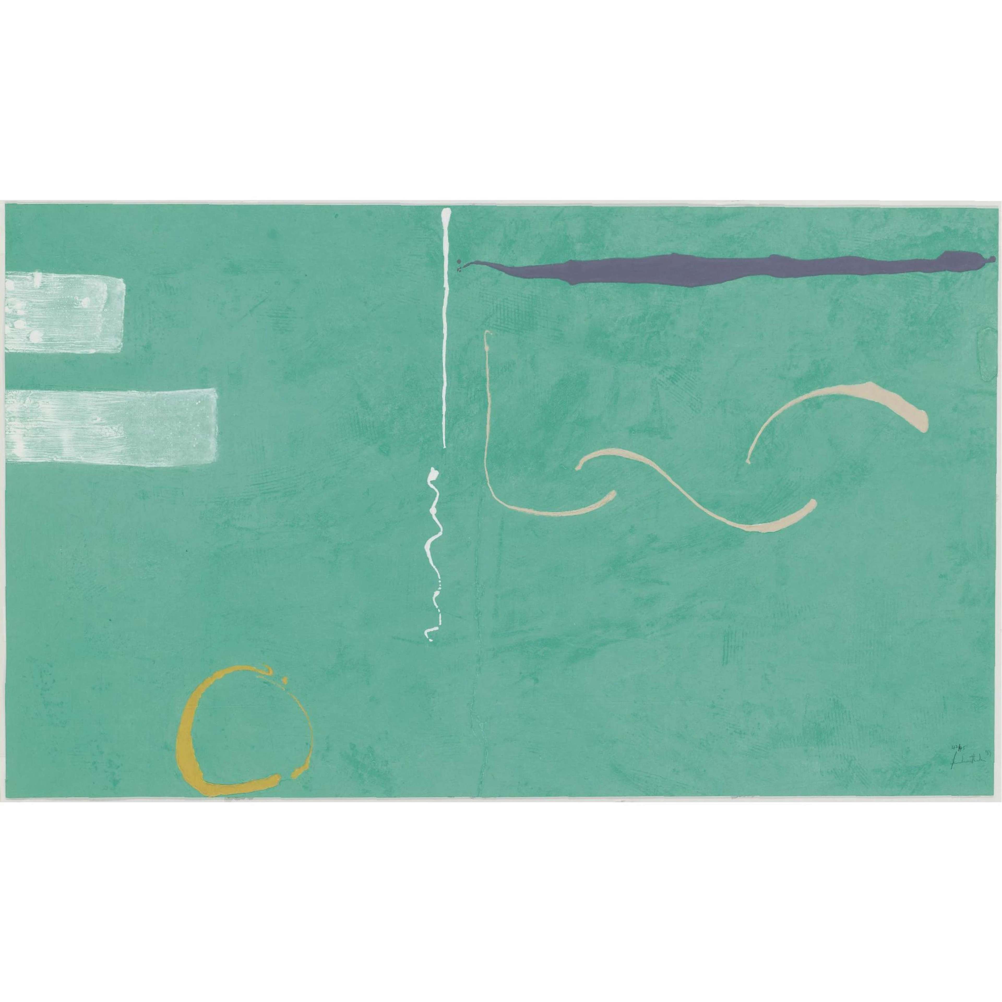 Helen Frankenthaler’s Tahiti. An abstract expressionist relief print of a green landscape with various shapes and markings.