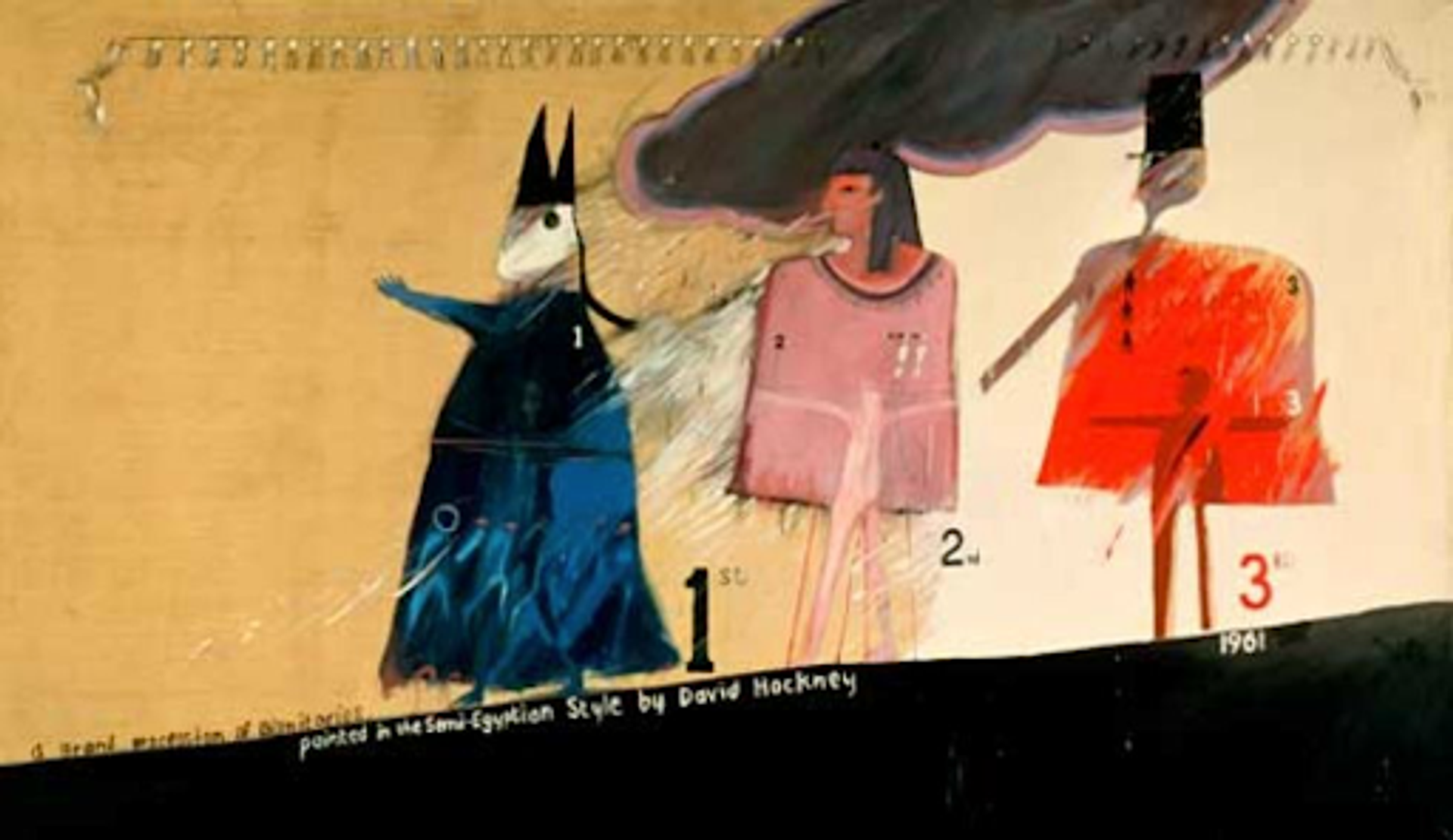 David Hockney's A Grand Procession of Dignitaries in the Semi-Egyptian Style. Three characters, one in blue, pink, and red, walking downhill. 