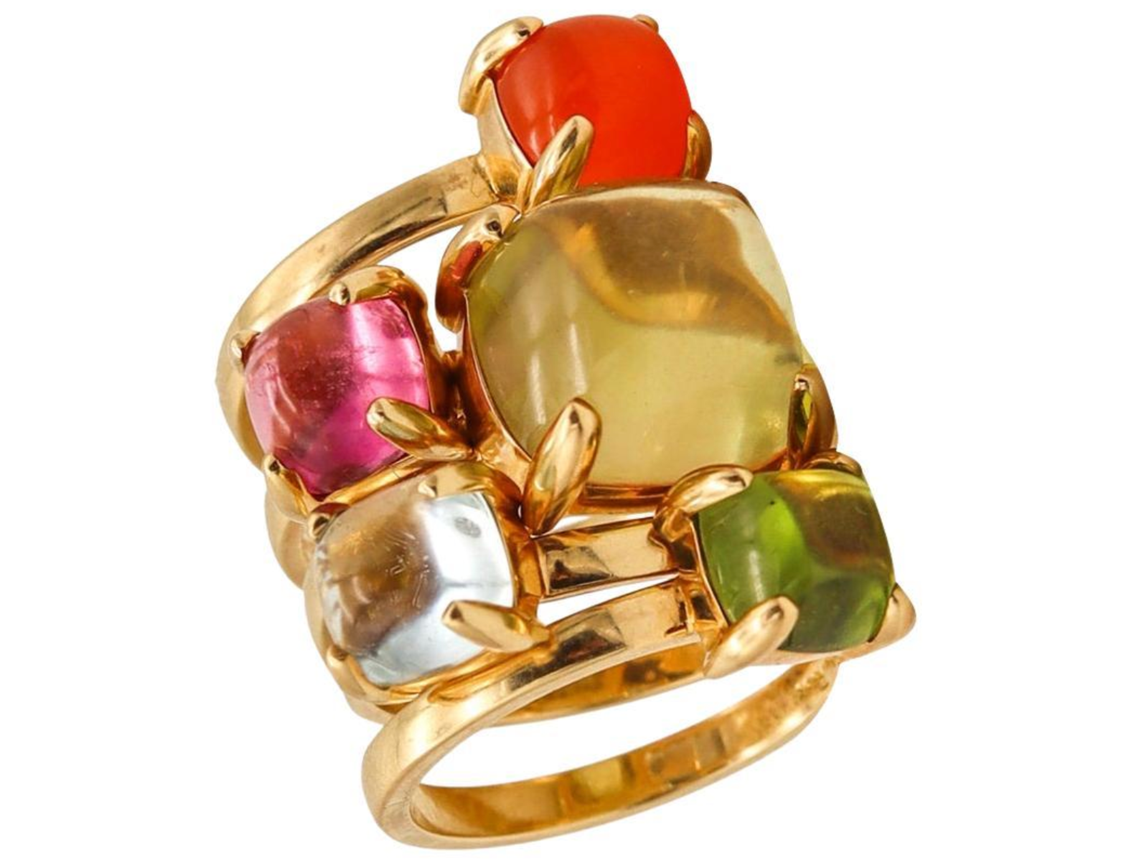 Photograph of Paloma Picasso's Suite of 5 Sugar Stack Rings for Tiffany & Co., crafted in 18Kt gold and adorned with colorful gemstones. The design showcases five stacked square-cut gems in shades of orange, yellow, green, pink, and clear, each set in gold prongs, creating a vibrant and bold look.