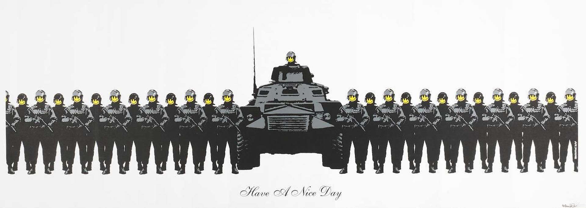 This landscape piece by Banksy depicts almost thirty military or riot police lined up from left to right, in the middle of them a large military tank, loaded with ammunition. The officers have their faces obscured by a yellow ‘acid-house’ smiley face.