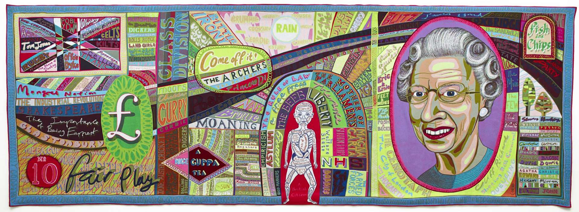 A vibrant tapestry featuring visual icons of British culture, including Queen Elizabeth II, a pound sign, and phrases popular in British English.