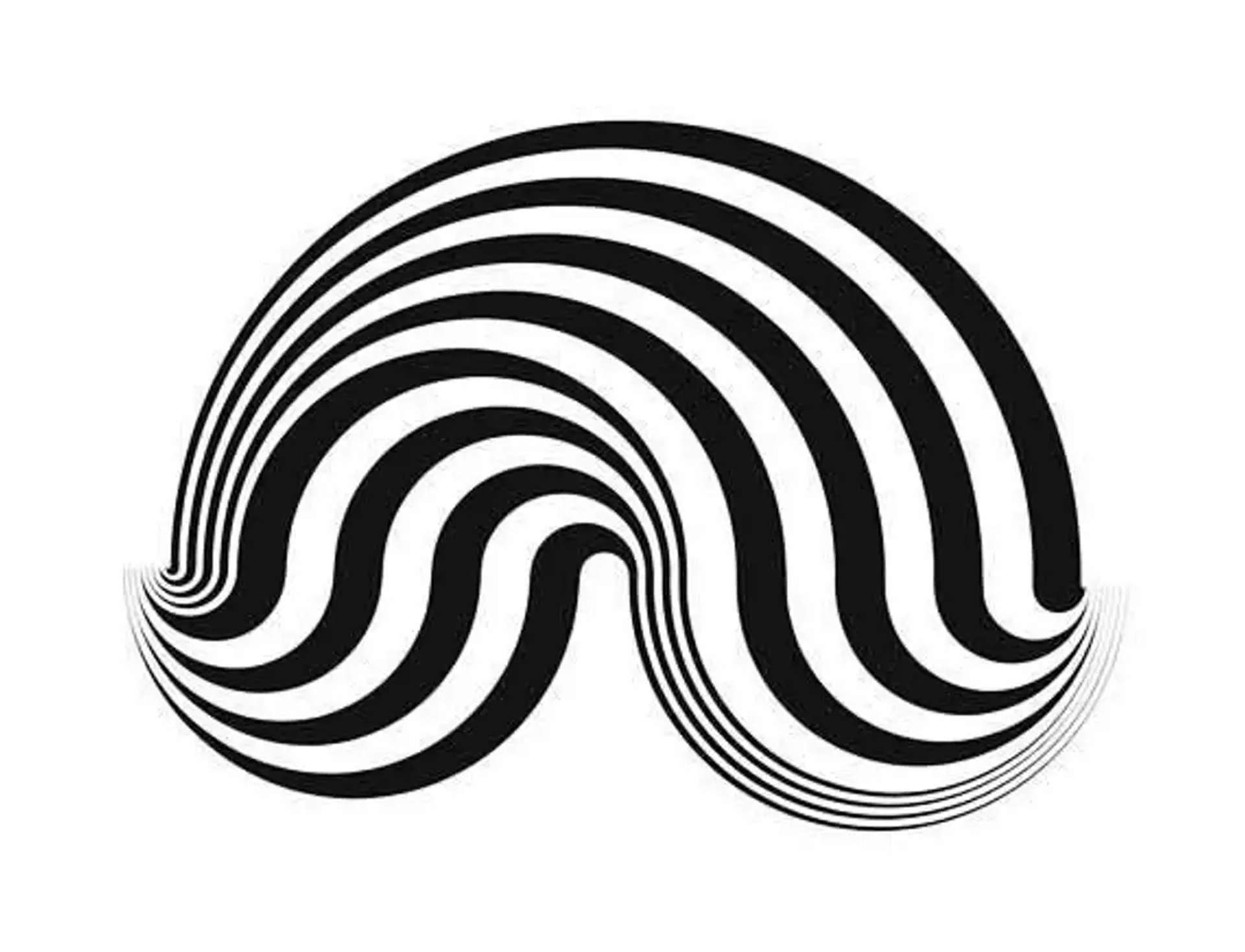 An image of the print Fragment 5 by Bridget Riley. It shows a semi-circle, drawn in white and black stripes that curve at the edges, giving the impression of movement.