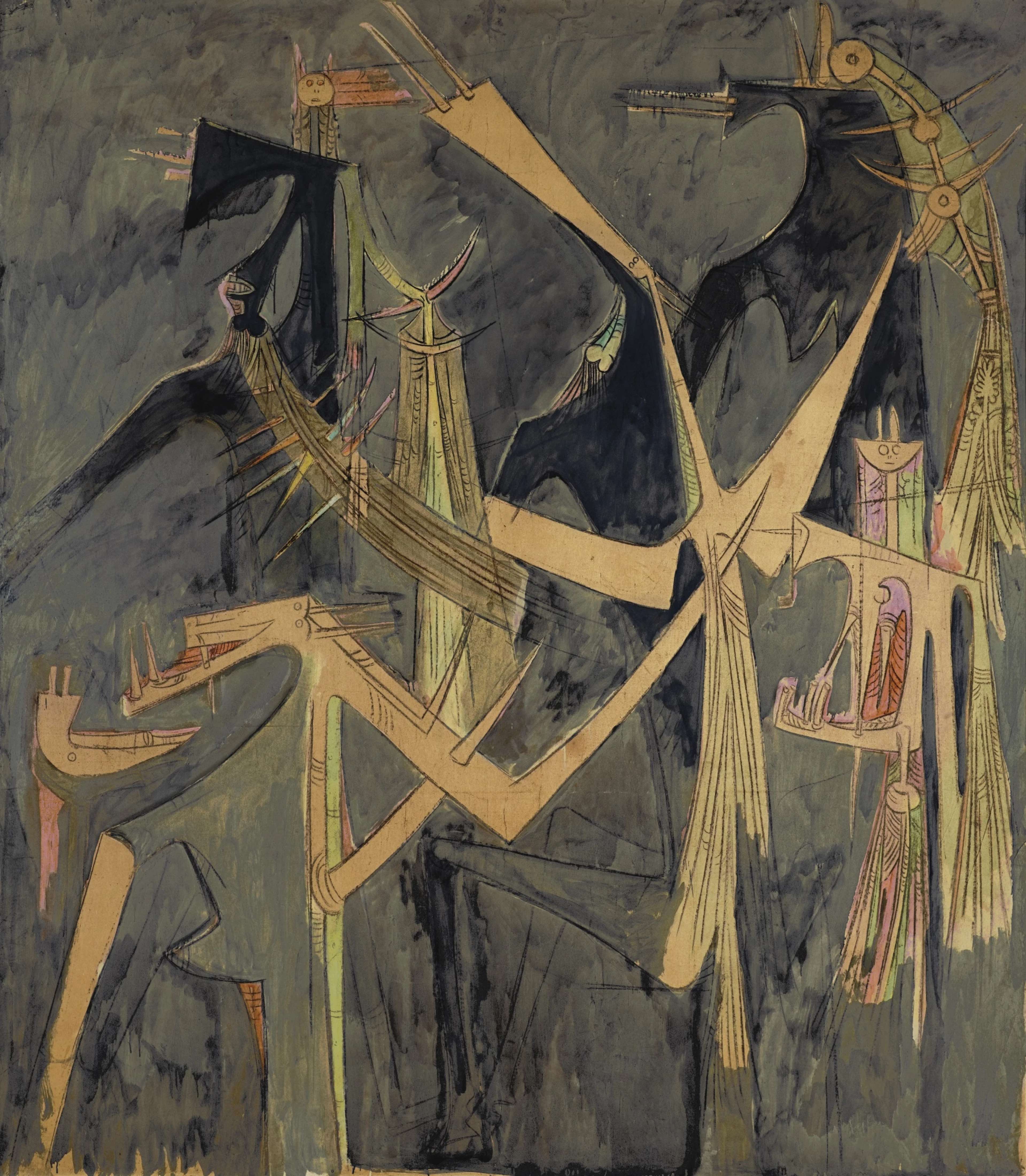 A large dark canvas featuring angular, elongated figures in golden-brown tones arranged against a black background textured with rough brushstrokes. The figures are both abstract and geometric, employing circles and triangles to form their heads and limbs. Their arrangement suggests a ritual of some kind, moving around a central source of light.