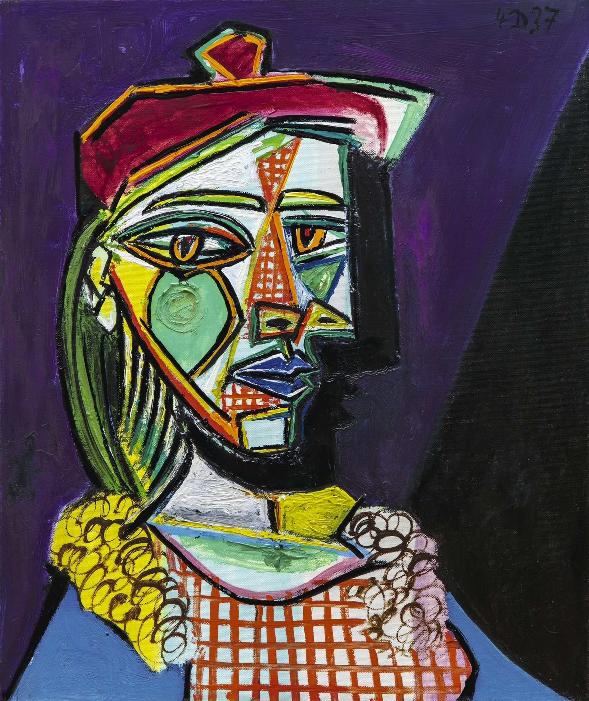 Painted portrait by Pablo Picasso, depicting Marie-Thérese Walter in fragmented angular shapes of green, white, orange, yellow and blue. She is wearing a crimson beret and is sat against a purple and black background.