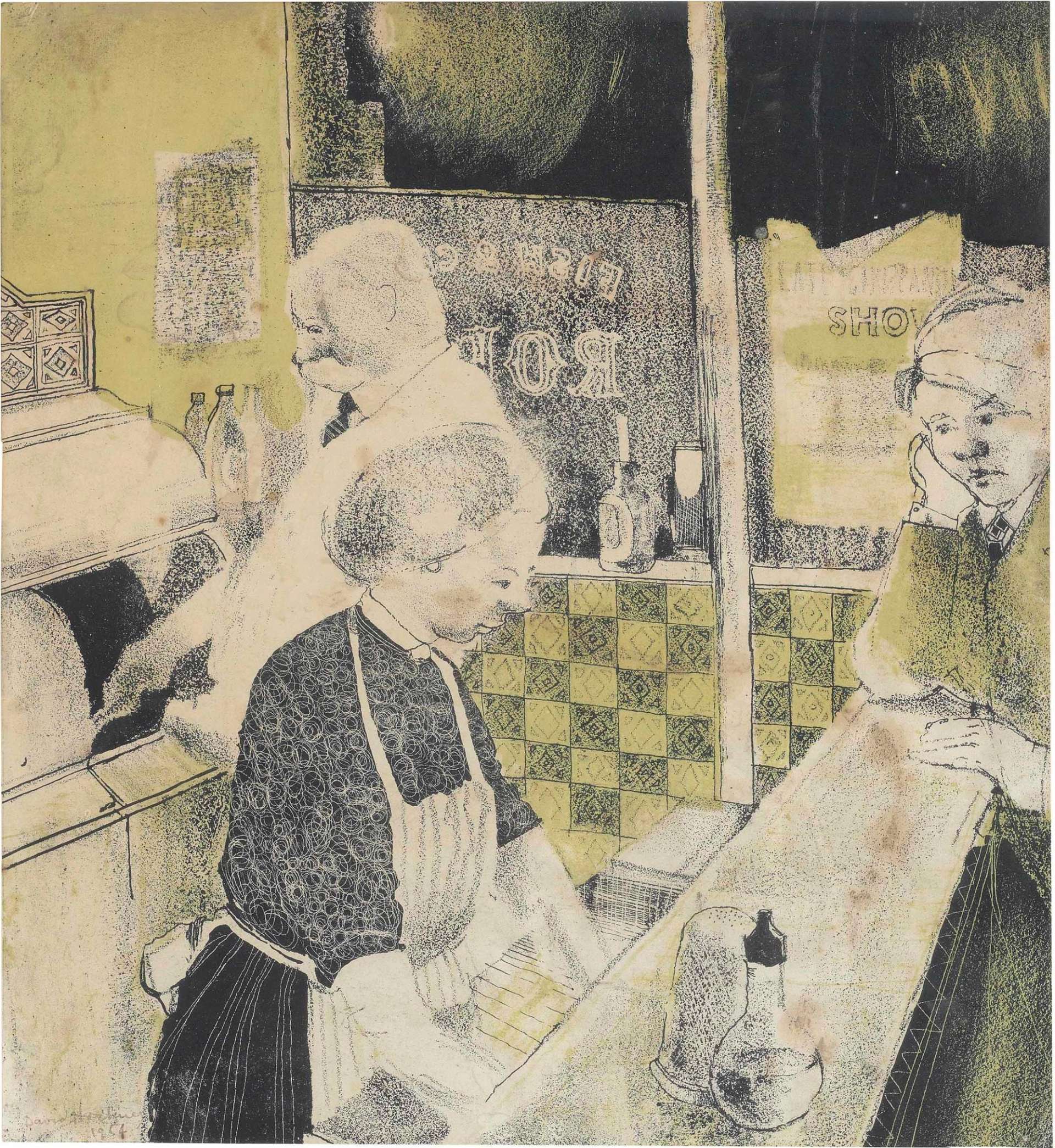 A lithograph print by David Hockney depicting the interior of a fish and chip shop with a yellow-green wash.