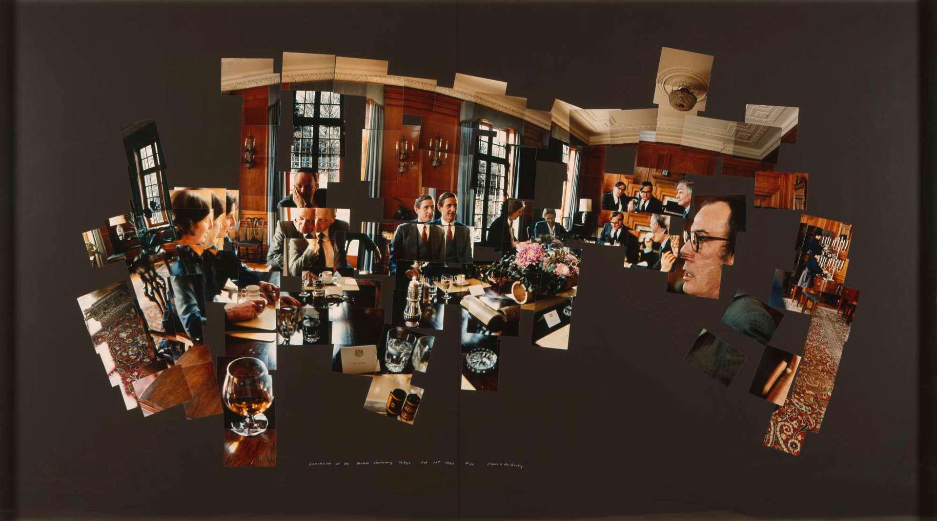 David Hockney's Luncheon at the British Embassy, Tokyo, 16 February 1983. A mixed media assemblage of collage style photograph