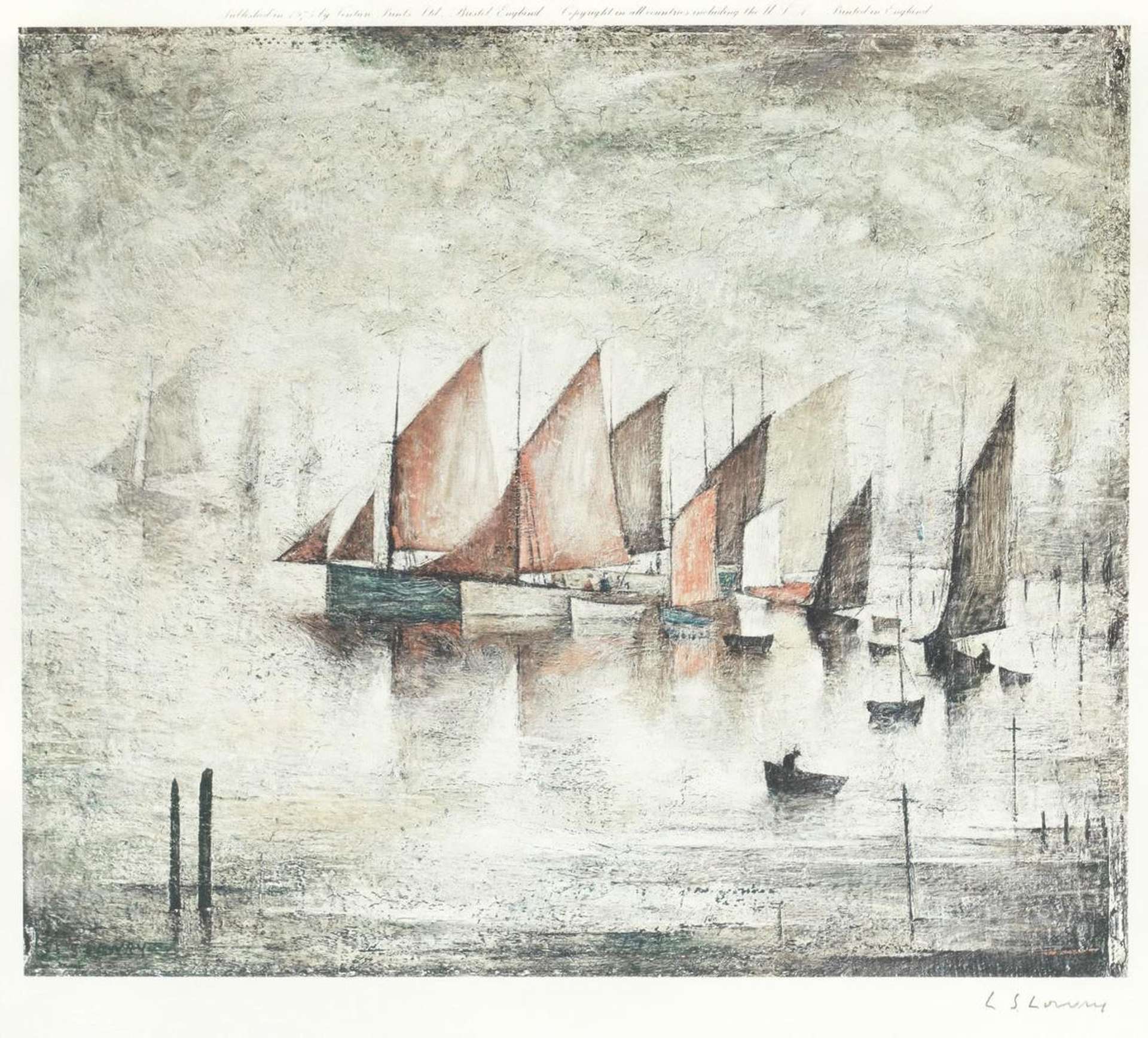 L.S. Lowry’s Sailing Boats. A lithograph of multiple sail boats out on the water. 