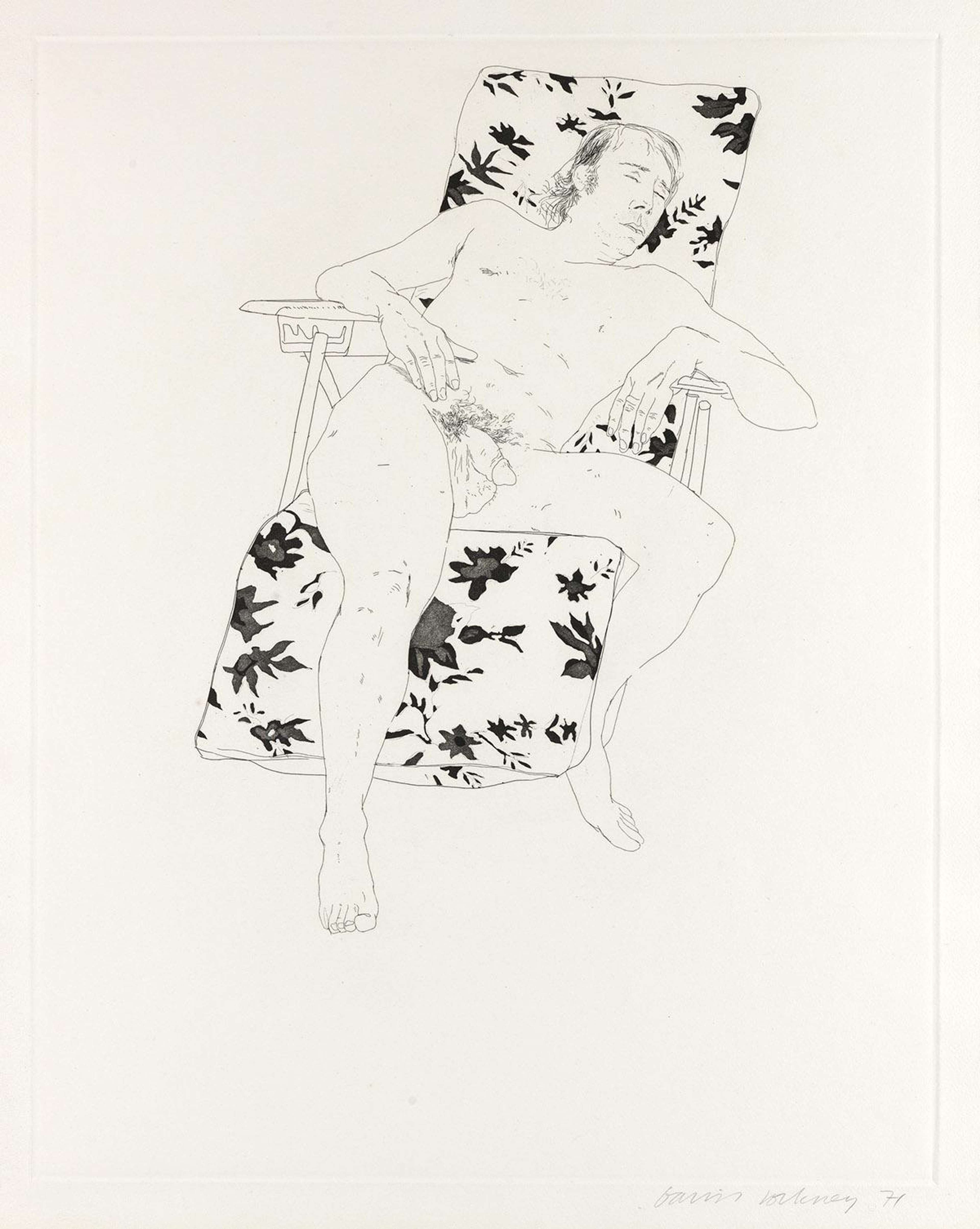 David Hockney’s Mo Asleep. An etching of a man asleep, nude, on a black and white floral lawn chair. 