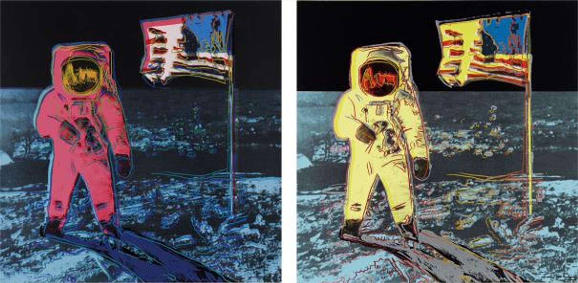 Two screenprints by Andy Warhol depicting an astronaut on the moon standing next to the American flag, with the astronaut in the left work rendered in pink, and the one of the right in pale yellow.