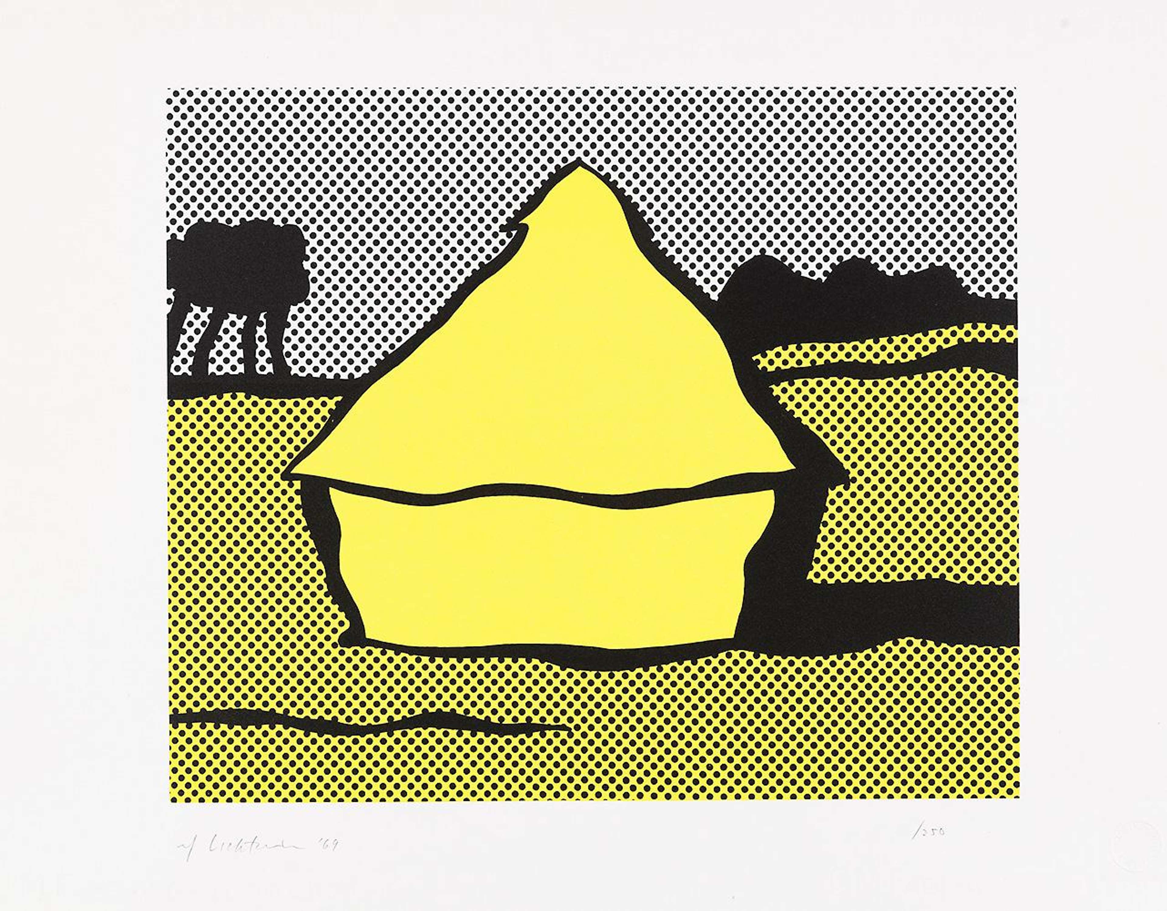 Portraying a yellow stack of hay in the centre of the composition, Haystack is the most figurative one of the prints. The main element in the middle is defined through thick black contouring. The backdrop of the print is densely populated by strategically positioned dots, thrusting the simplified comic book rendition of the haystack to the foreground of the work.