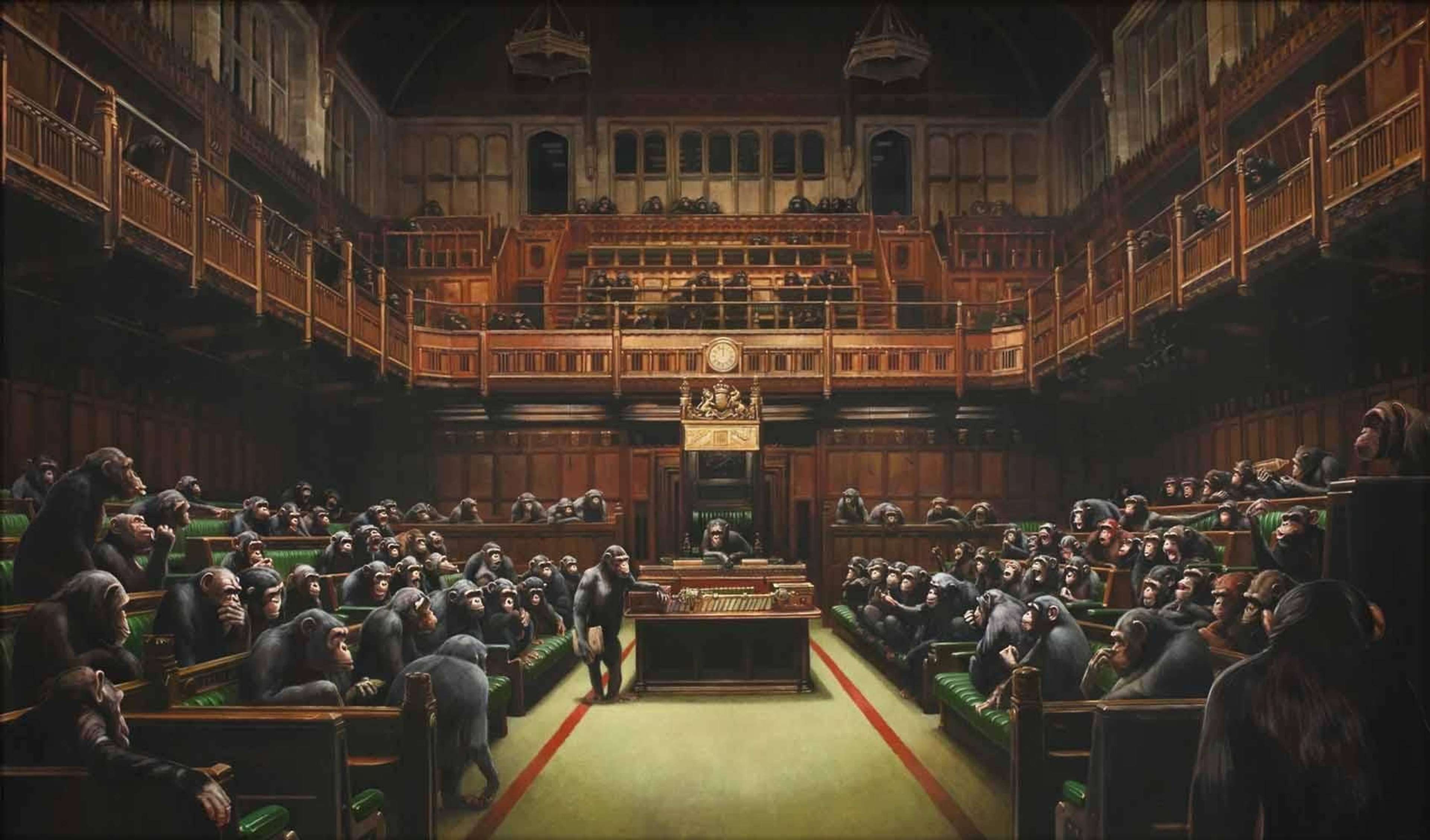 Banksy’s Devolved Parliament, 2009. An oil on canvas work with chimpanzees in the House of Commons.