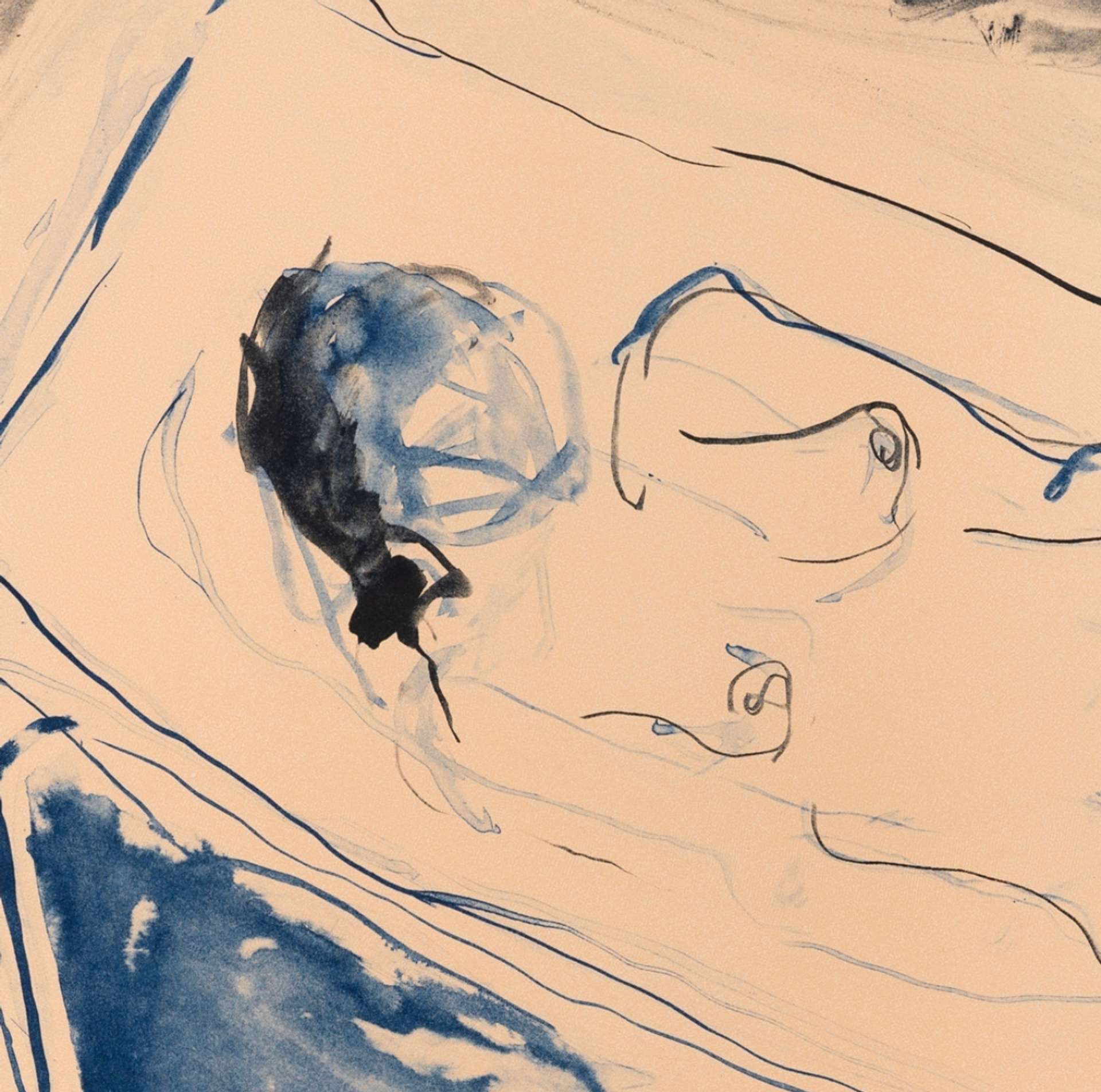An image of the print Just Waiting by Tracey Emin. It shows a female nude lying in a coffin, her face obscured by a mass of blue paint. The colour palette is in blues and dark greys, against a cream background.