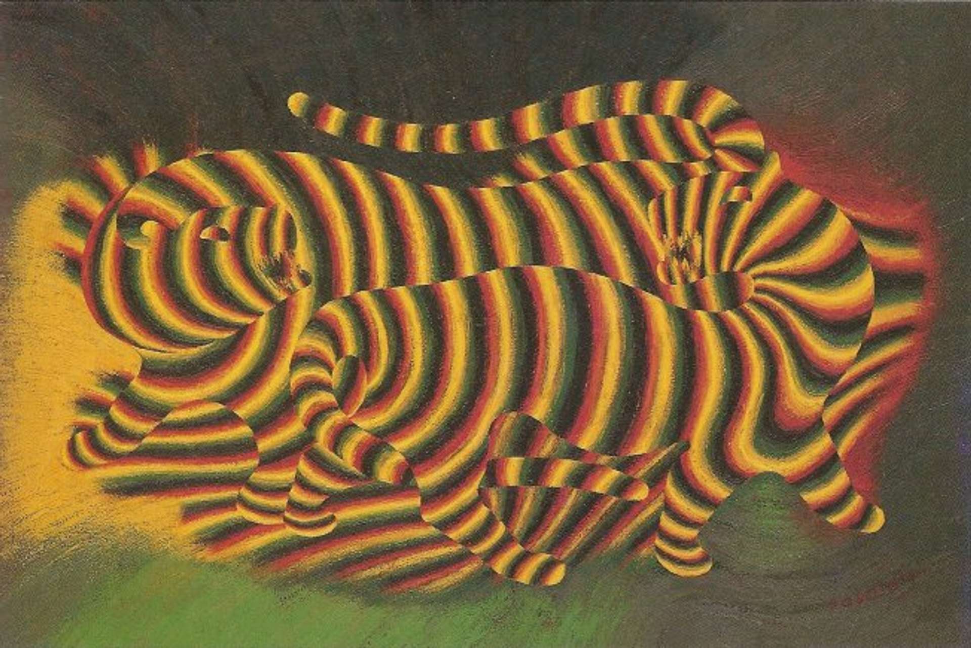 Two abstracted tigers with yellow, green, red, and black repeating stripes whose bodies are interlocked aganist an abstracted background in the same bleeding colour hues. 