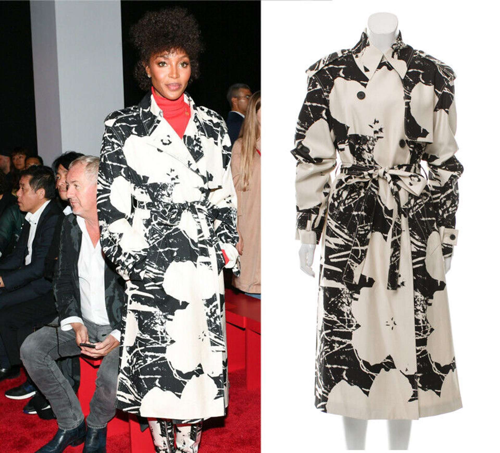 Supermodel Naomi Campbell wearing a Calvin Klein x Andy Warhol trench coat, featuring a black and white pattern of Warhol's Flowers