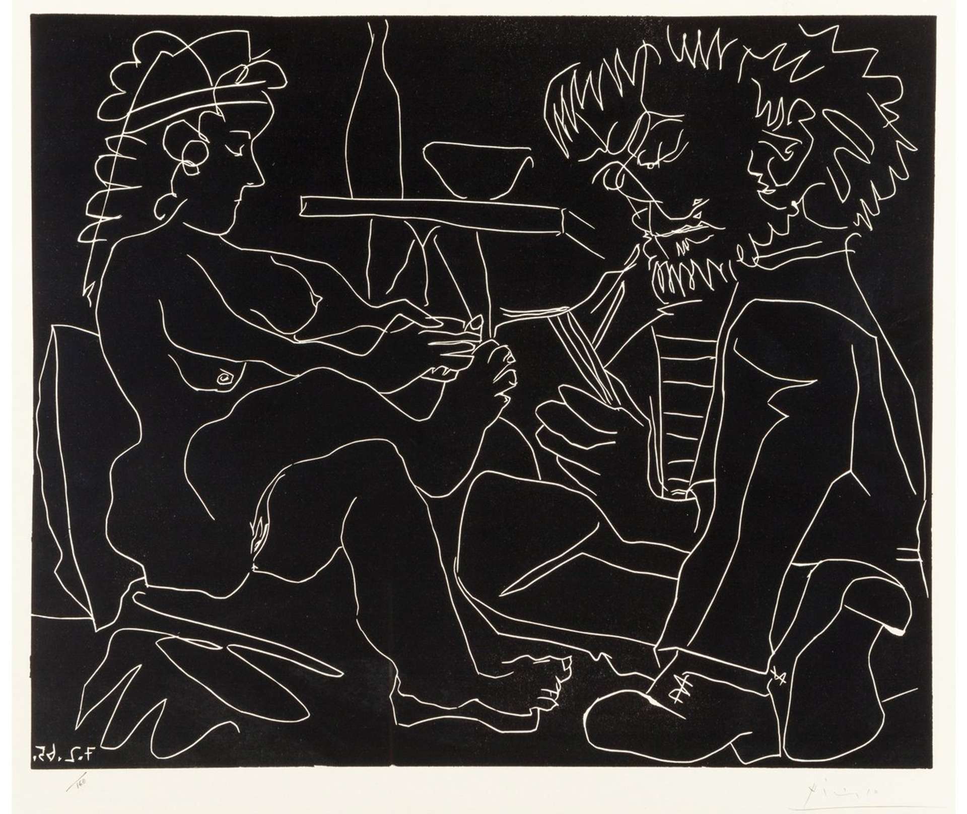 An image of the print Le Peintre Et Son Modèle by Pablo Picasso. It is a white line drawing done against a black background, and shows a nude female sat across from a man sketching.