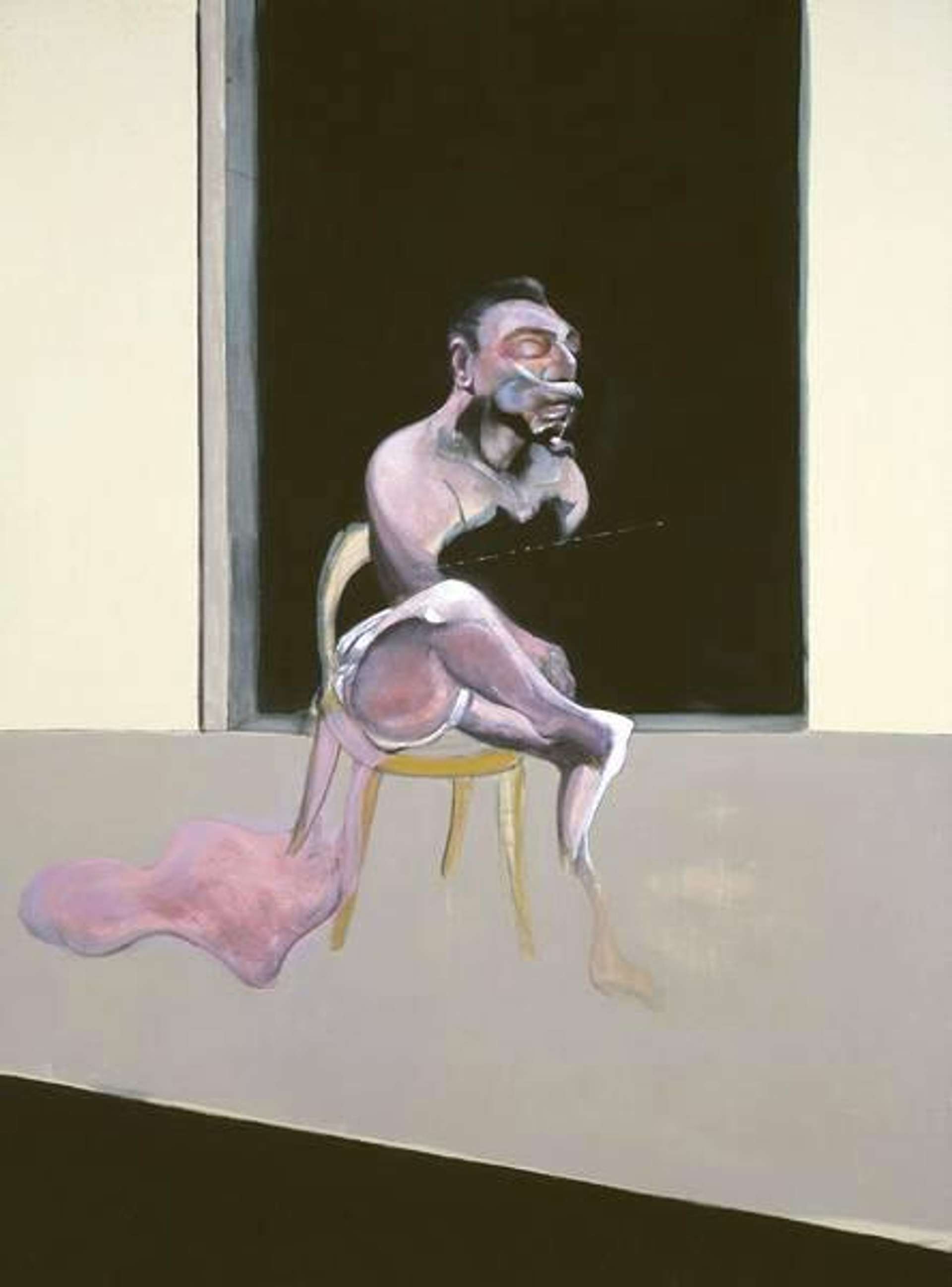 Man sitting in a chair with his legs crossed, melting into the ground beneath him