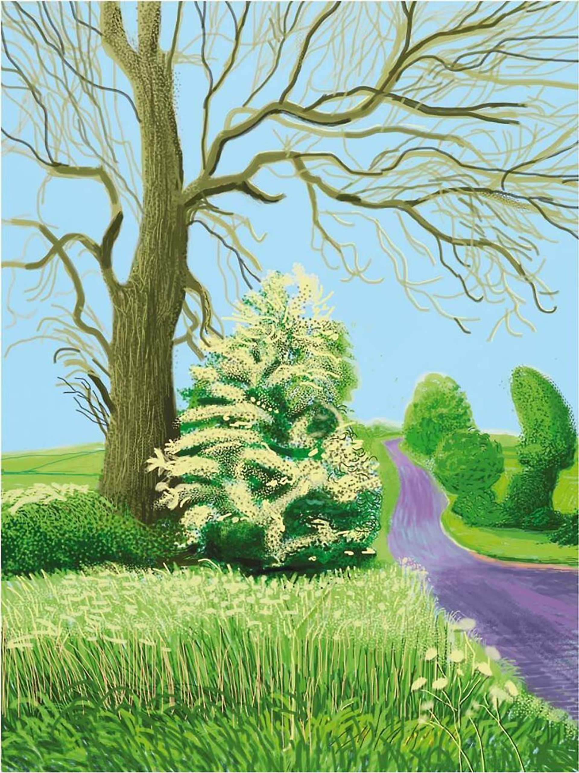 A landscape by David Hockney, showing a flowering bush against a tall tree, next to a path.