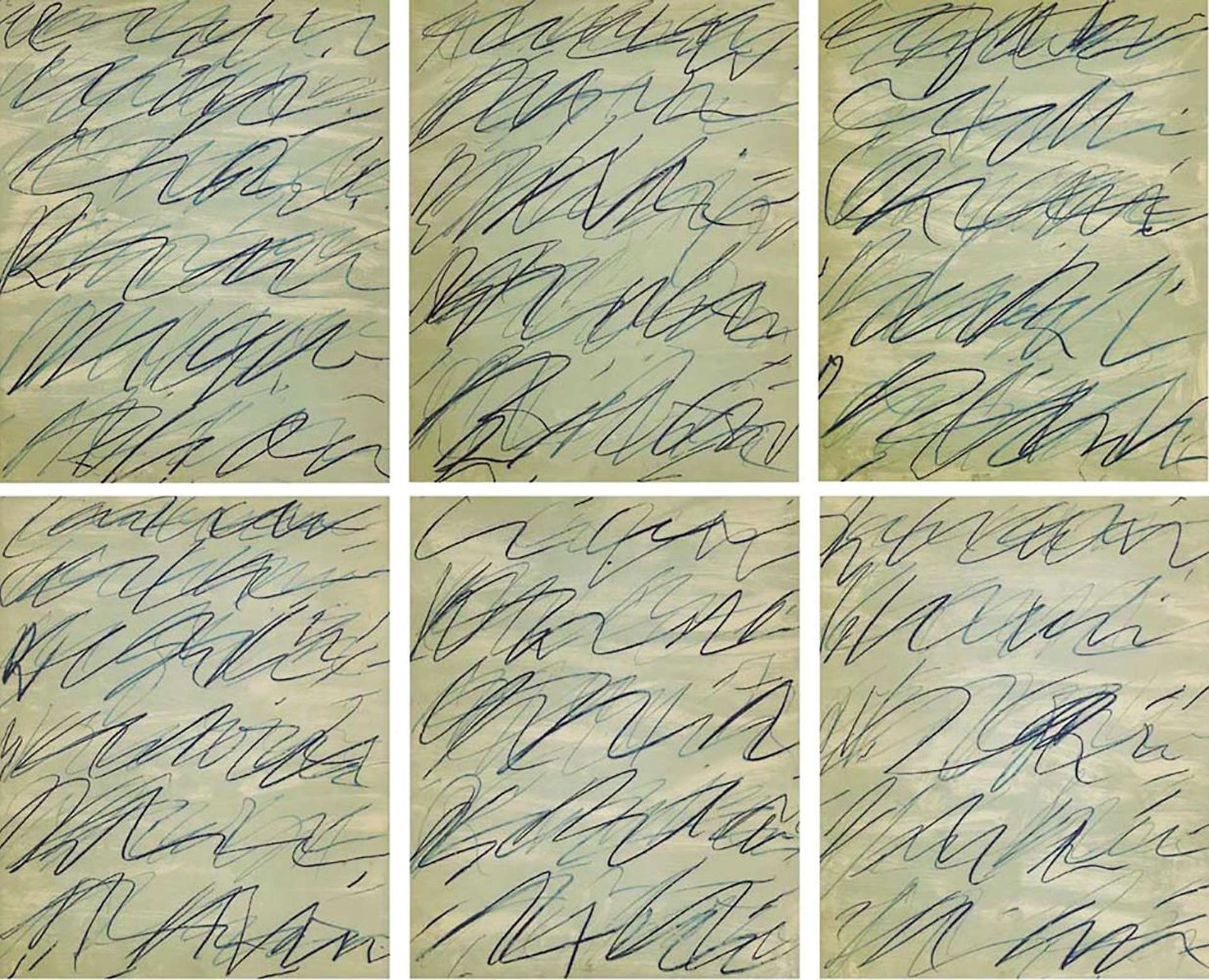 A full set of six prints by Cy Twombly, with his signature rounded scrawl.
