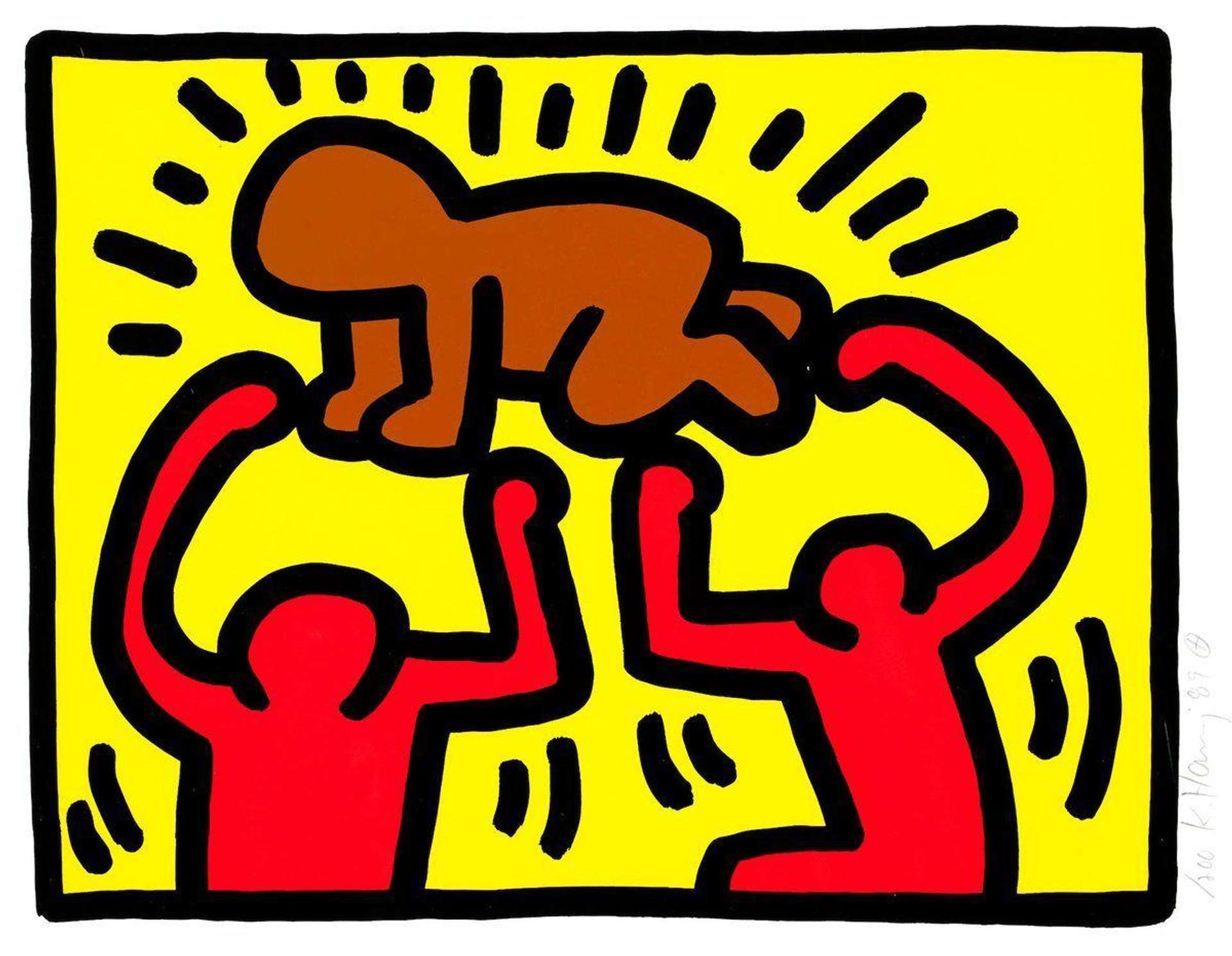 A screenprint by Keith Haring depicting two red cartoon figures holding up a brown Radiant Baby figure against a mustard yellow background.