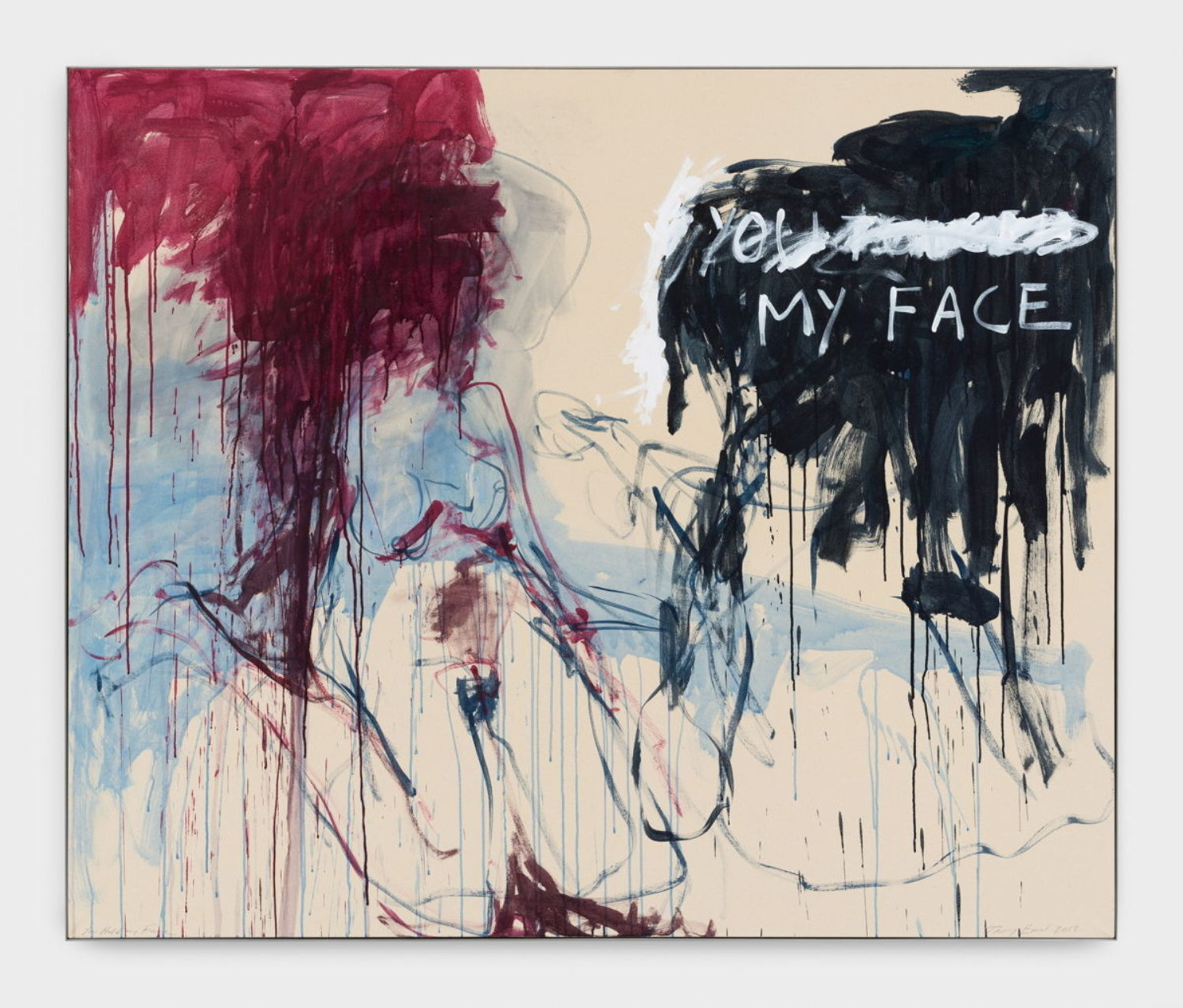 Tracey Emin’s You Held My Face. Painting of a woman, nude, sitting on her knees. Red paint covers her face with the text “you my face” in white against black paint to the right. 