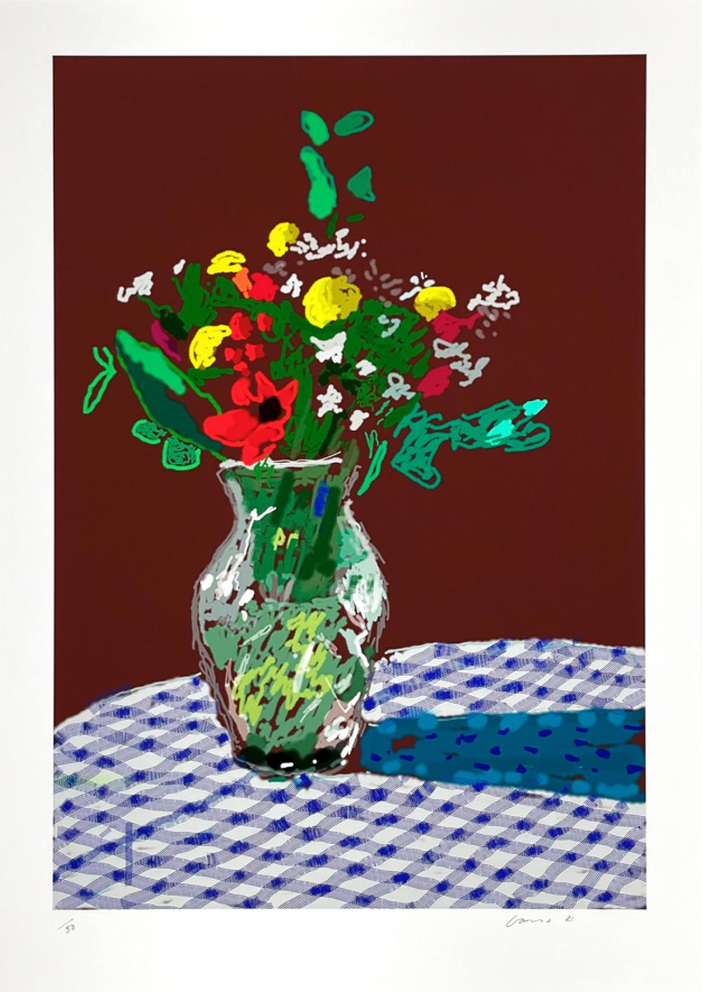 David Hockney 13th February 2021, Flowers In A Glass Vase (Signed
