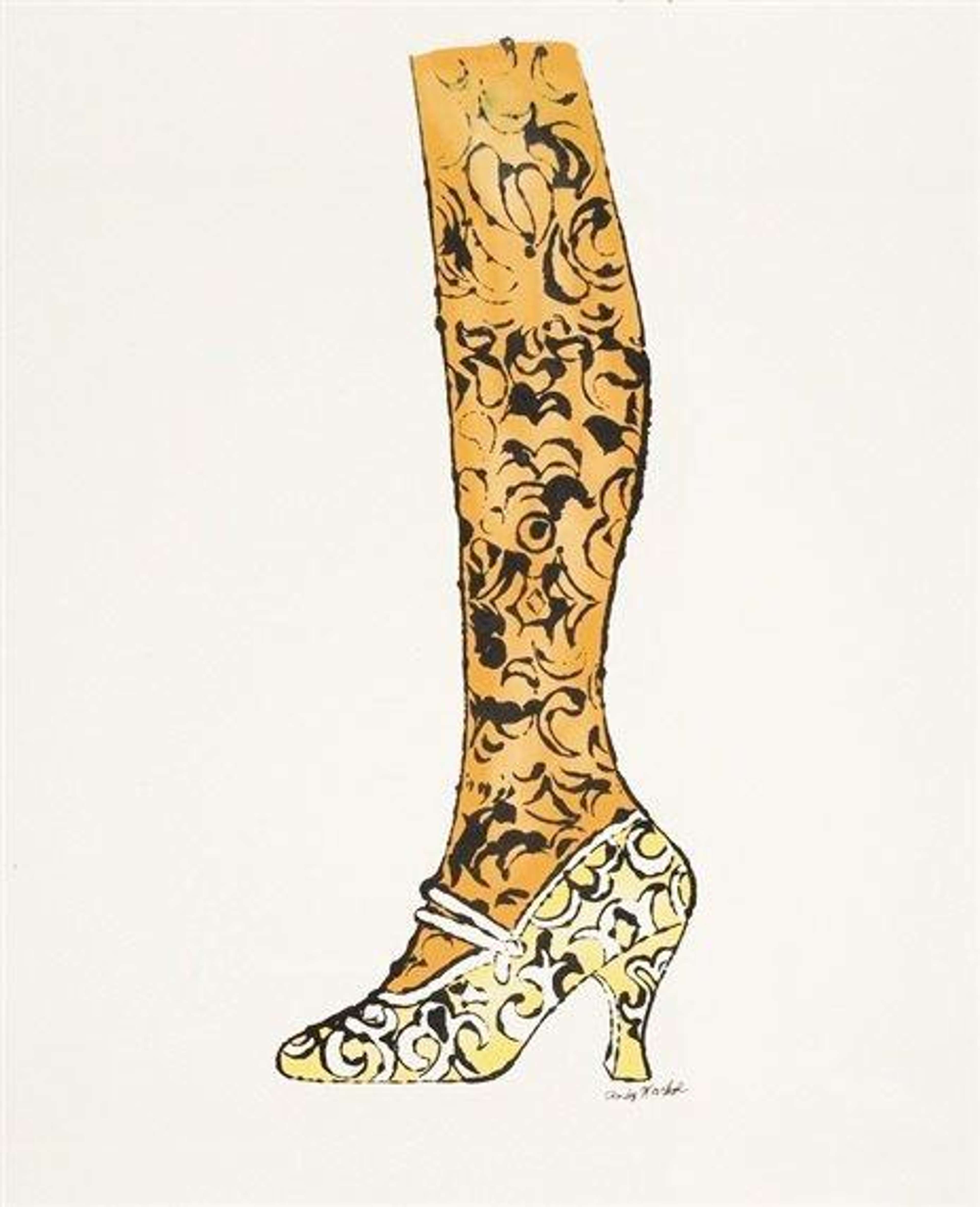 This larger image from Andy Warhol’s series La Recherche du Shoe Perdu, depicts a golden leg and foot clad in a yellow high-heeled shoe.
