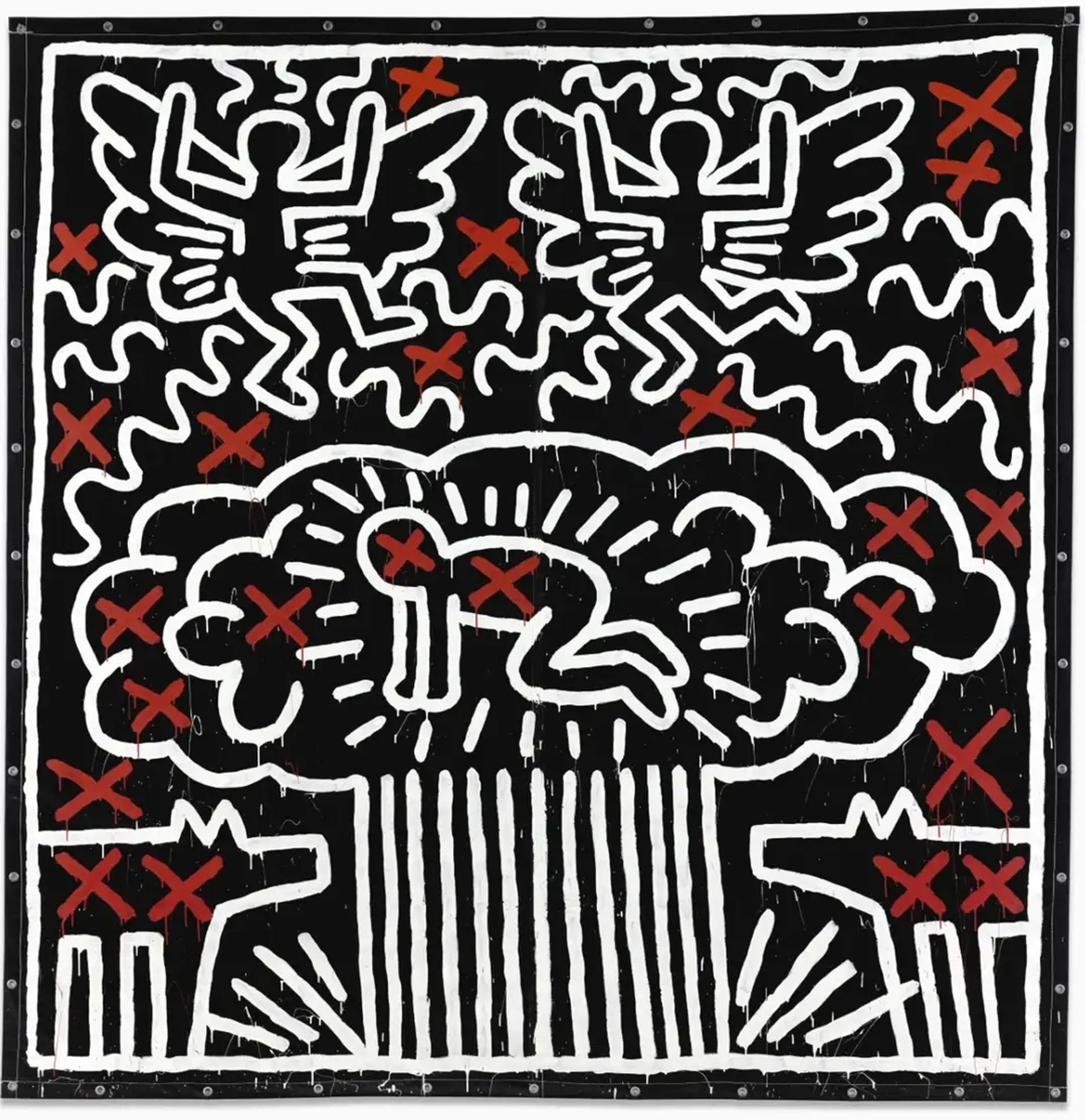 Keith Haring’s Untitled. A Pop Art painting of white outlined characters with red “x” marks across a black background. 