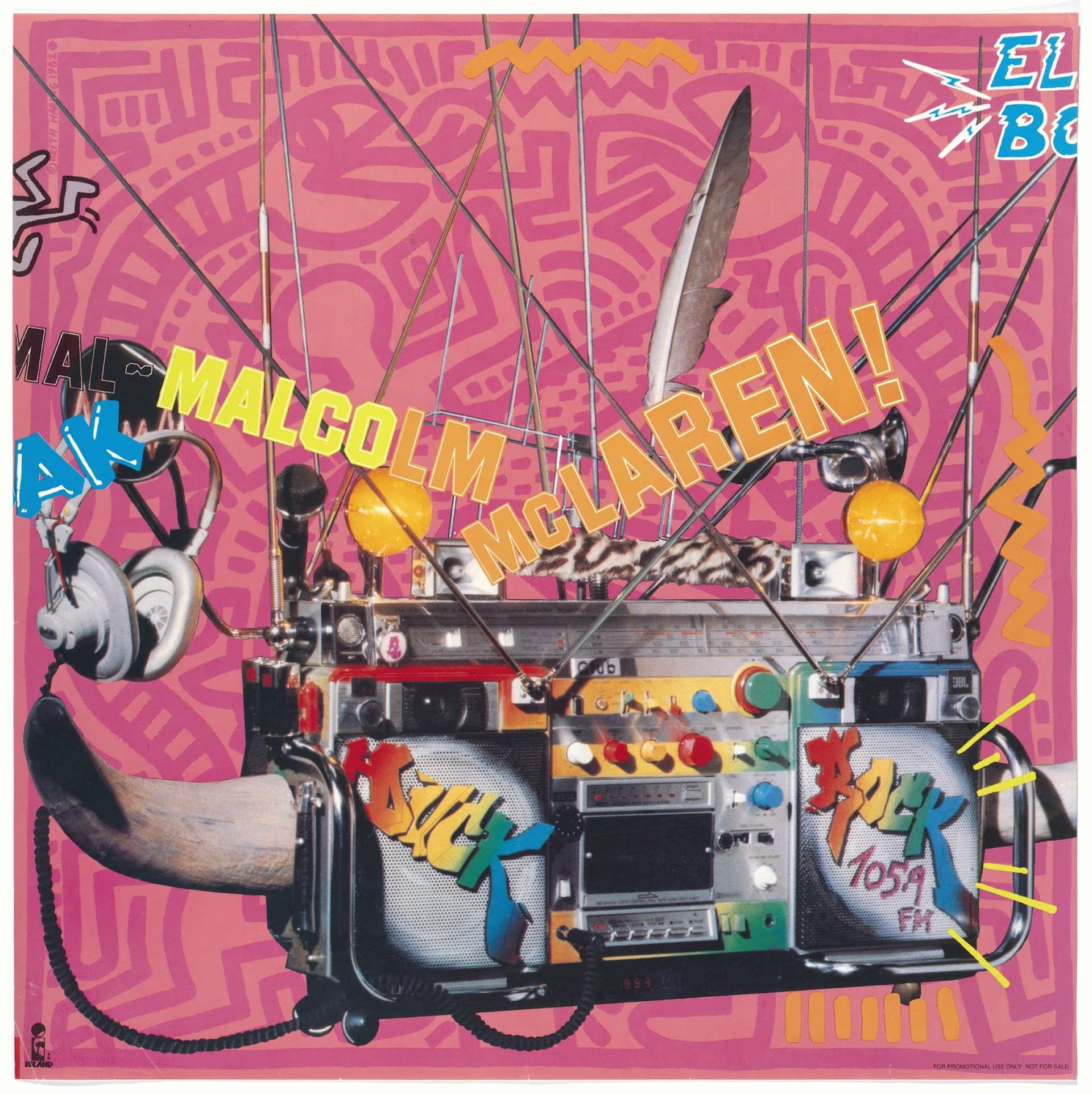 An image of the album cover for Duck Rock, by Malcolm McLaren. It shows a surrealist machine, composed of musical instruments and other assorted objects against a background drawing by artist Keith Haring.