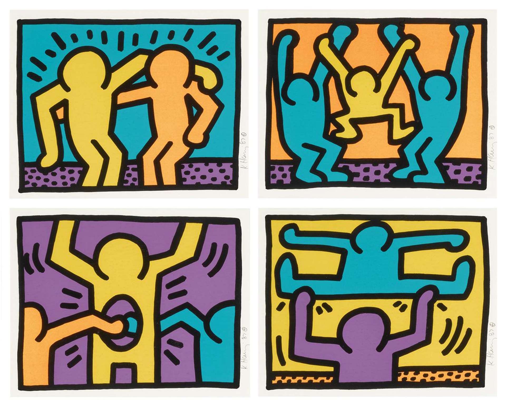 The artwork is a complete set of signed prints from Keith Haring's Pop Shop I collection. The collection consists of eight vibrant, colorful prints featuring Haring's signature cartoon-like figures in a variety of playful and dynamic compositions. Each print is bordered by a thick black line and features bold, solid blocks of color in shades of red, blue, yellow, and green. 