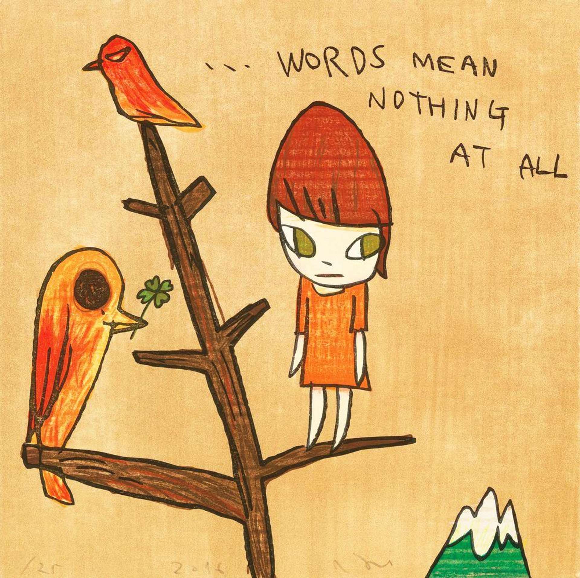 Yoshitomo Nara’s Words Mean Nothing At All: Girl standing on tree limb with two birds