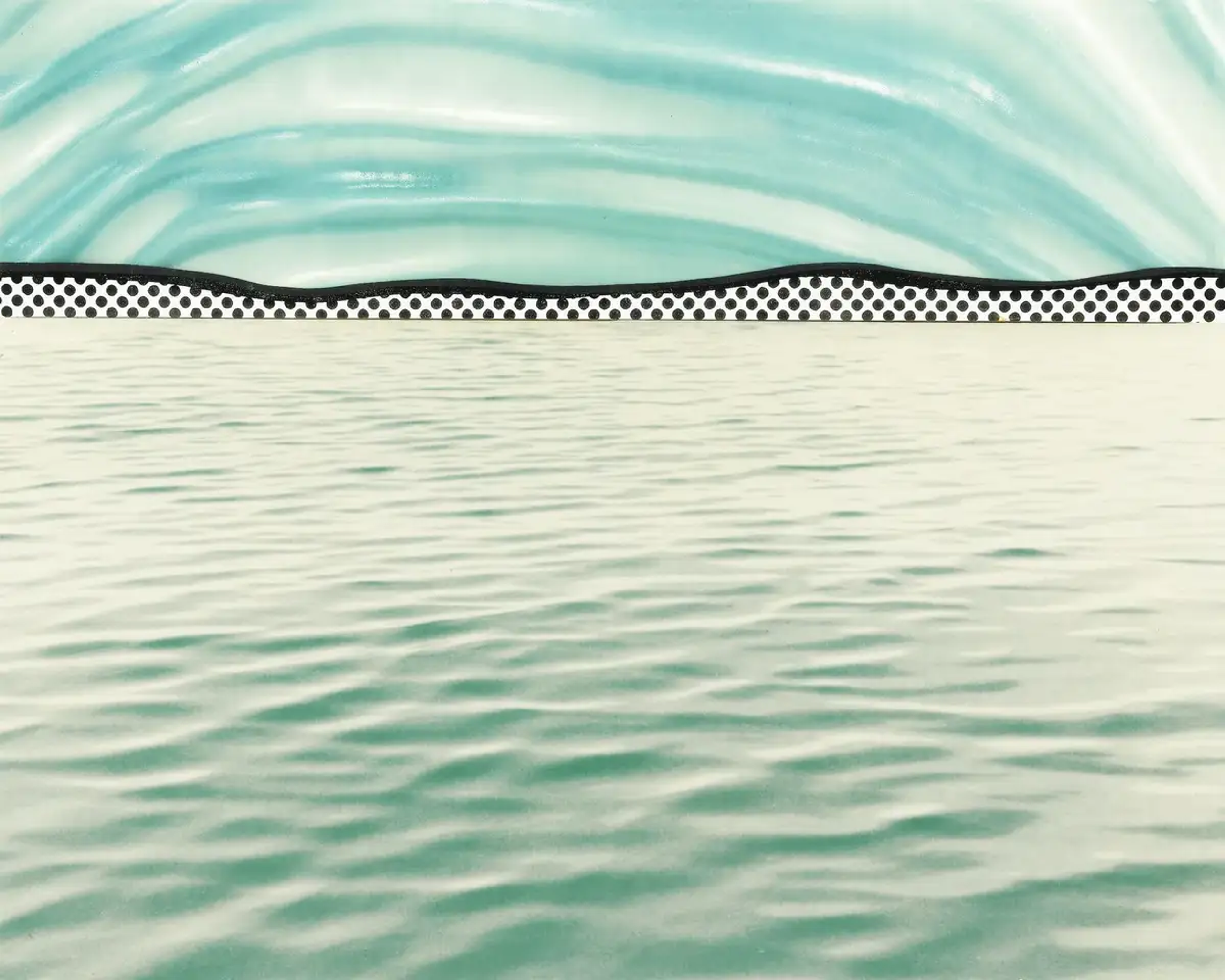 Landscape 6 shows a black and white canvas split in two by a bold horizon line. The upper half captures a pale turquoise swirling sky set against similarly hued rippling water below. Plastic Rowlux sheets are applied in this print to mimic the shimmer of natural light. The synthetic fabric produces prismatic spatial interplays across the work’s surface, invoking a sense of movement.