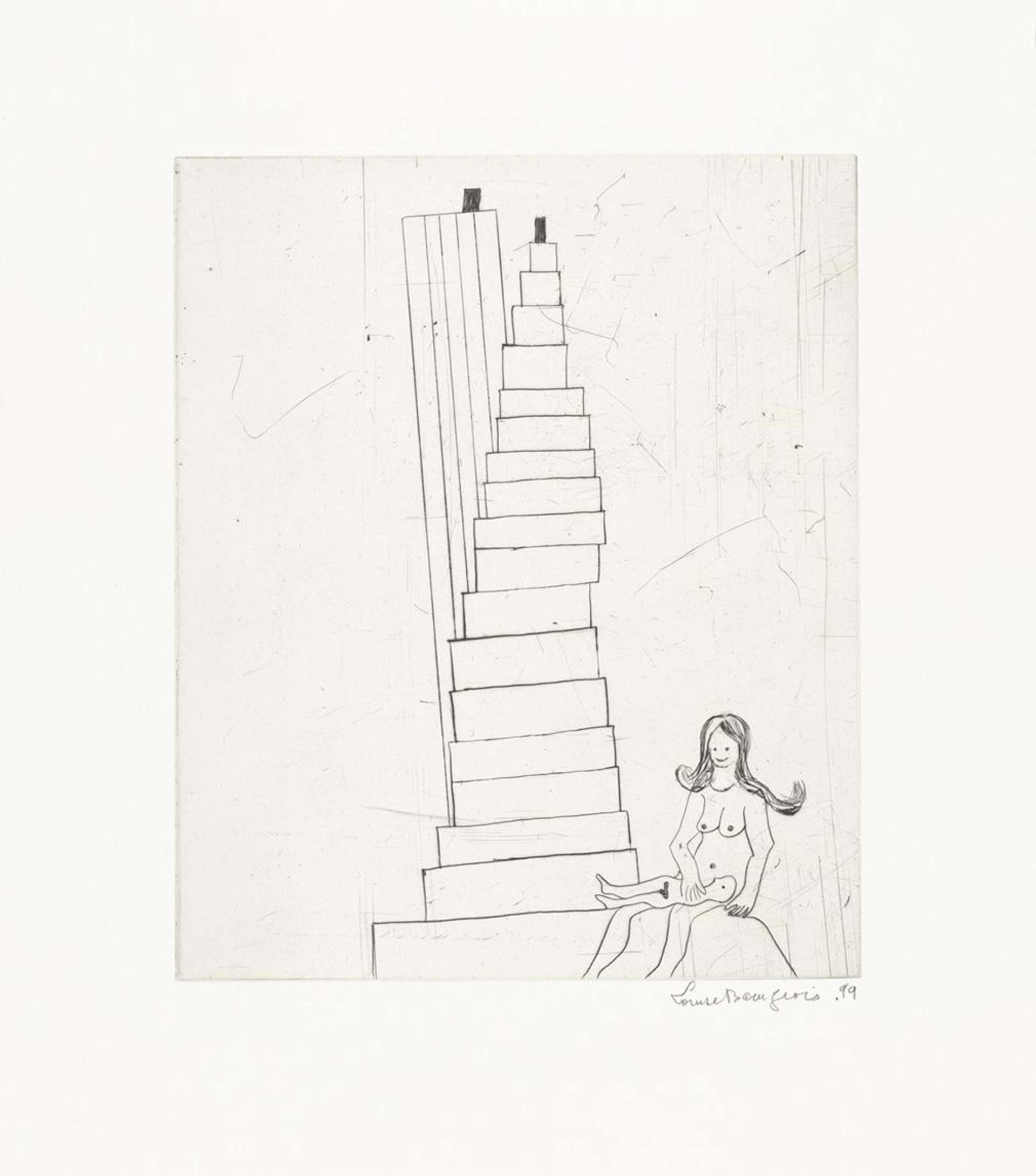 Louise Bourgeois’ Mother And Child. A drypoint print of a nude woman sitting at the bottom of a staircase with her child on her lap.