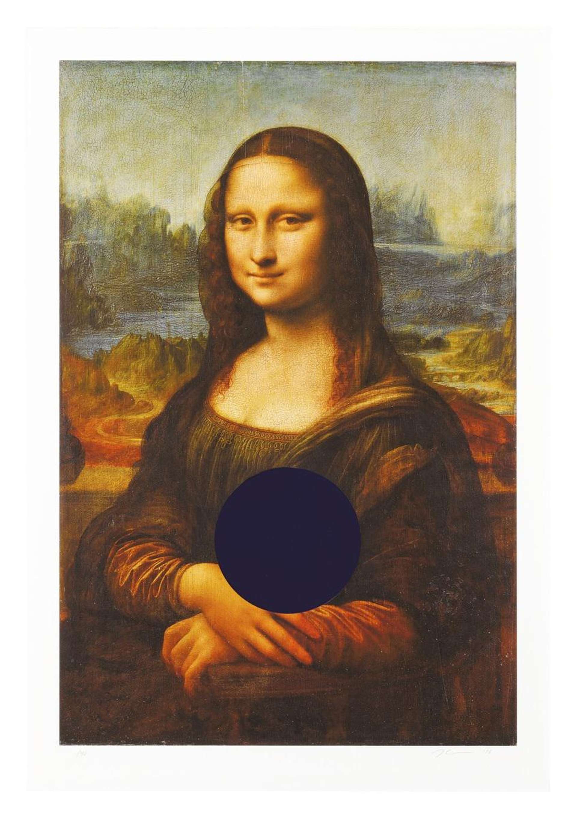 A print appropriating Leonardo da Vinci's Mona Lisa by Jeff Koons, where the artist has imposed a large blue circle over the original portrait.
