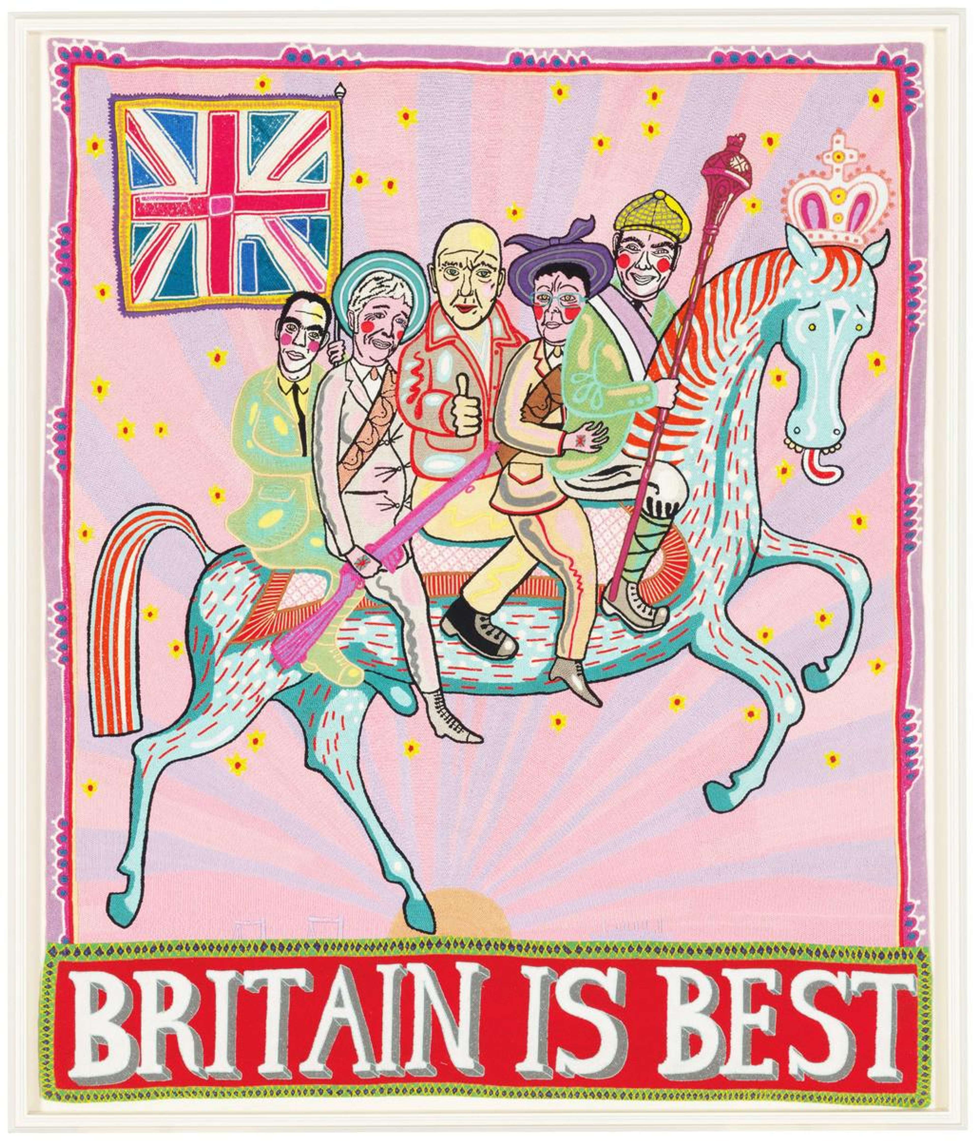 Embroidery by Grayson Perry, depicting five Unionists riding a horse. The Unionists are carrying a slightly moth-eaten Union Jack. They are set against a backdrop of a pink and purple sunset, with the silhouettes of two big cranes and the Titanic riding into the horizon.