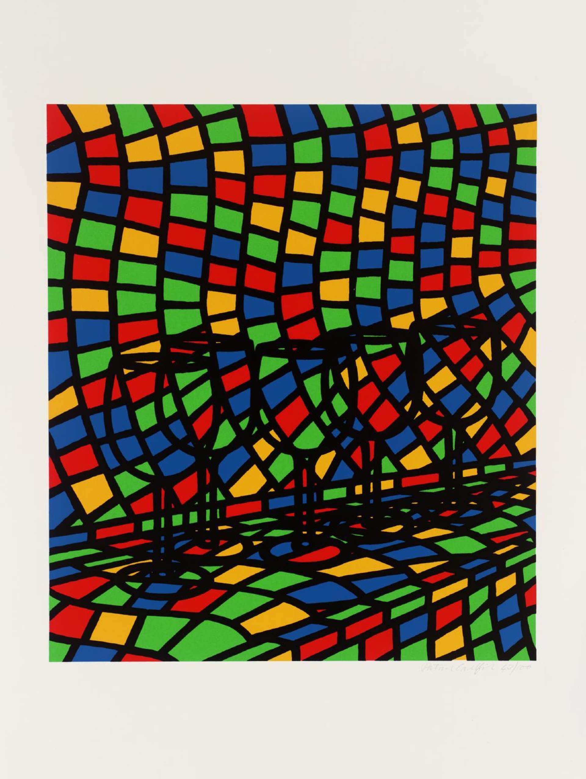 An image of the print ‘All These Confessions…’ by artist Patrick Caulfield. It depicts the outline of five wine glasses, transparent against a background composed of colourful squares.