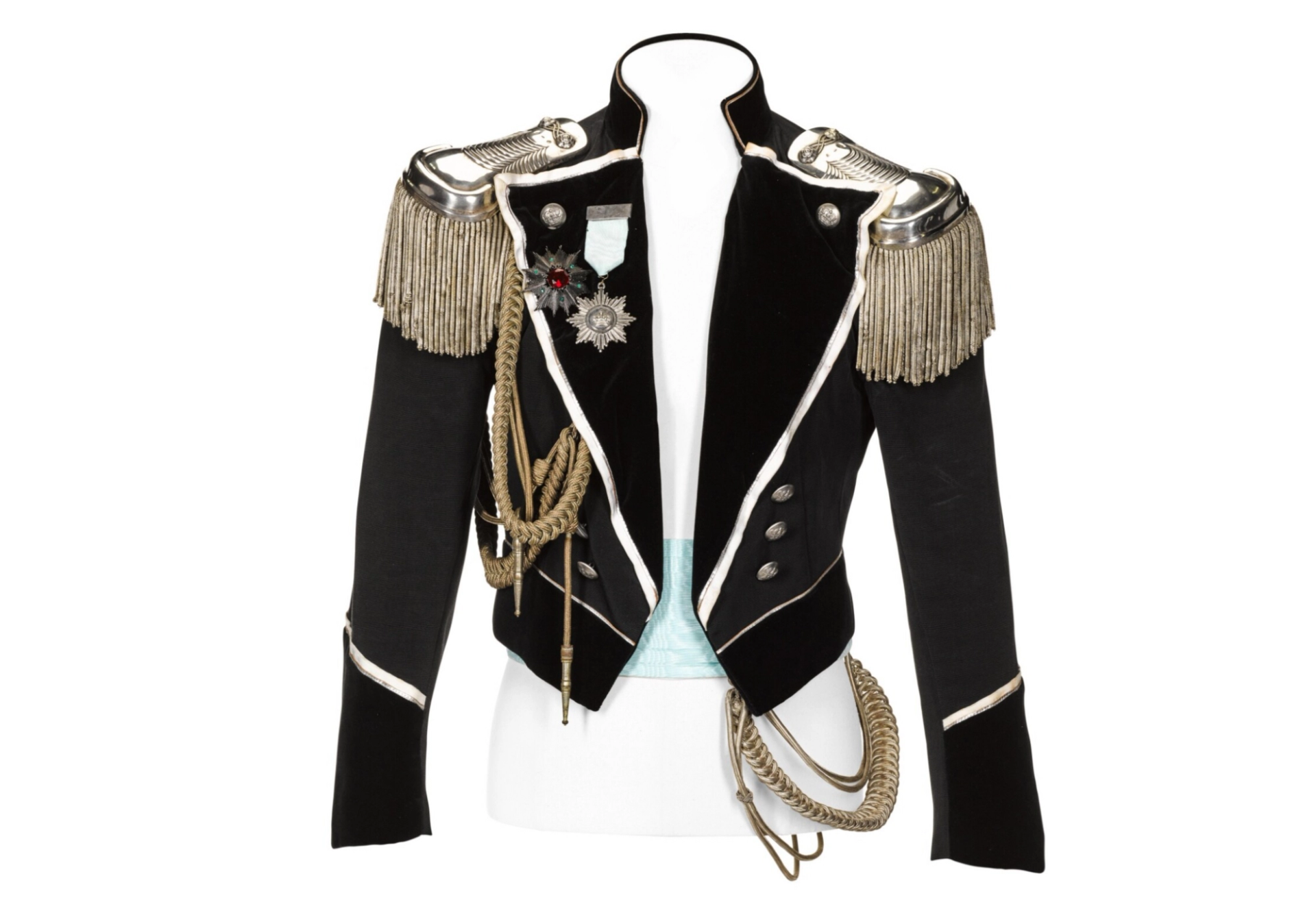 A lavish ceremonial military-style jacket created for Freddie Mercury's 39th birthday party. It is done in black, with silver epaulettes and ceremonial ropes around the waist.