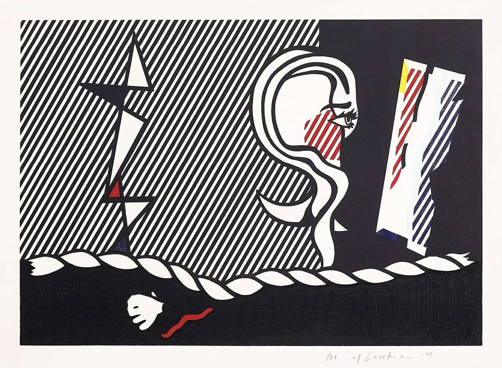 Various figures lined up on a hovering rope set against a black backdrop. Leading the succession of shapes is a shattered mirror located at the right edge of the print. An amorphous figure with long-lashed eyes lingers in front of it. The final one is a queued-up shape, composed of protruding triangles.
