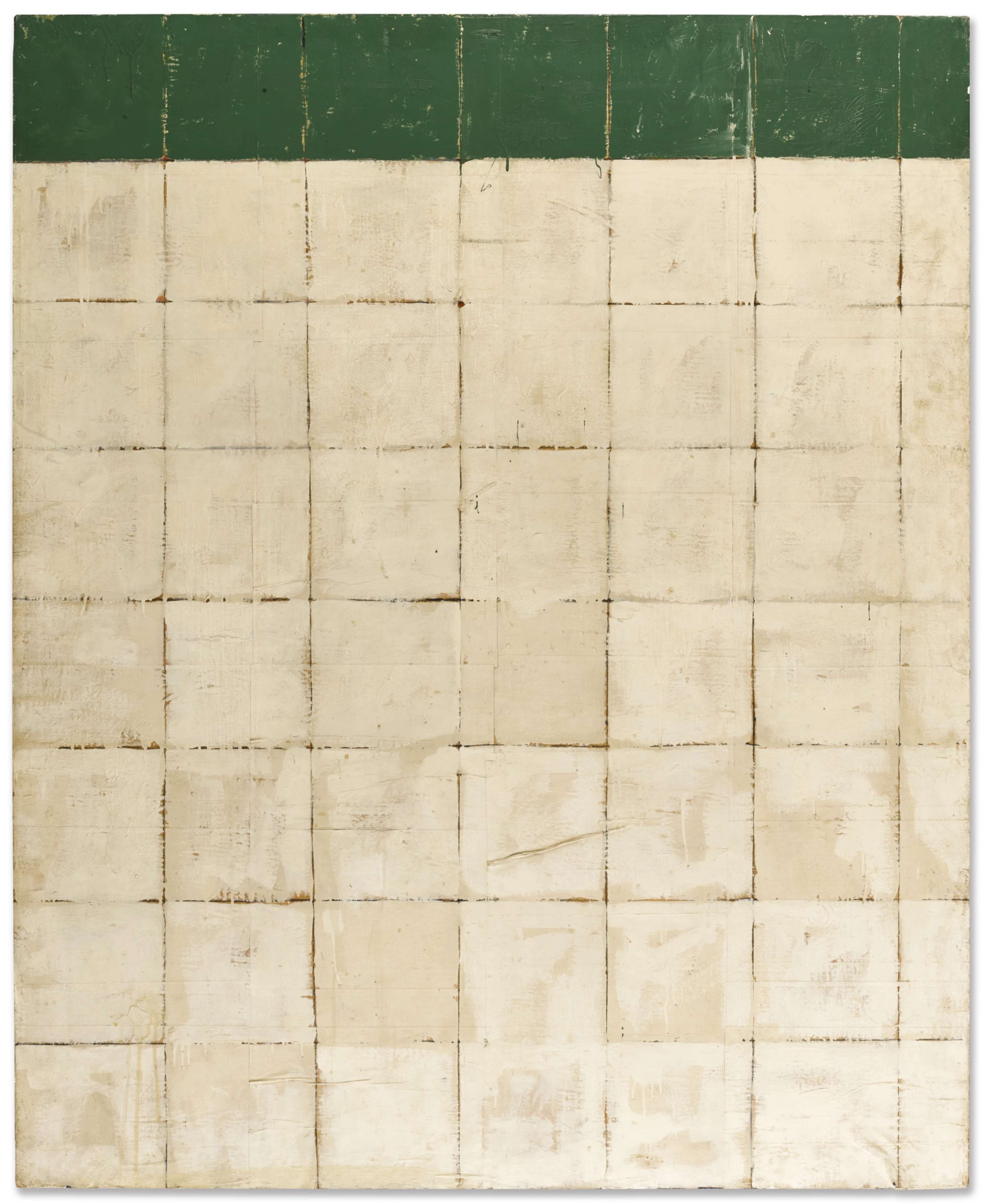 A grid of cream-coloured squares with a green band across the top, each square showing slight tonal variations and a hand-made, tactile quality.
