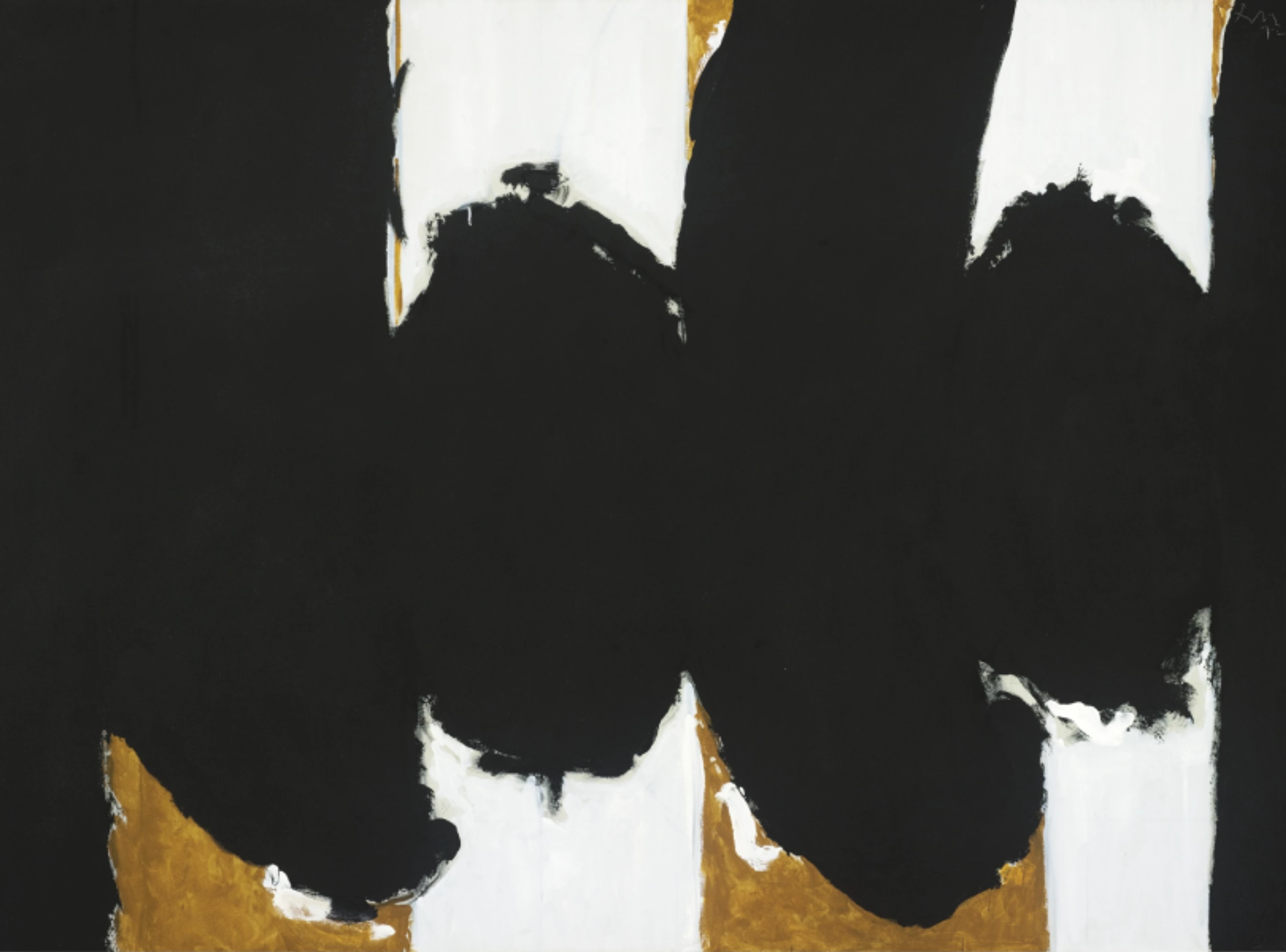 Abstract composition with bold black oval forms and thick black vertical strokes against a white background, with touches of gold metallic paint visible underneath the edges of the black strokes.