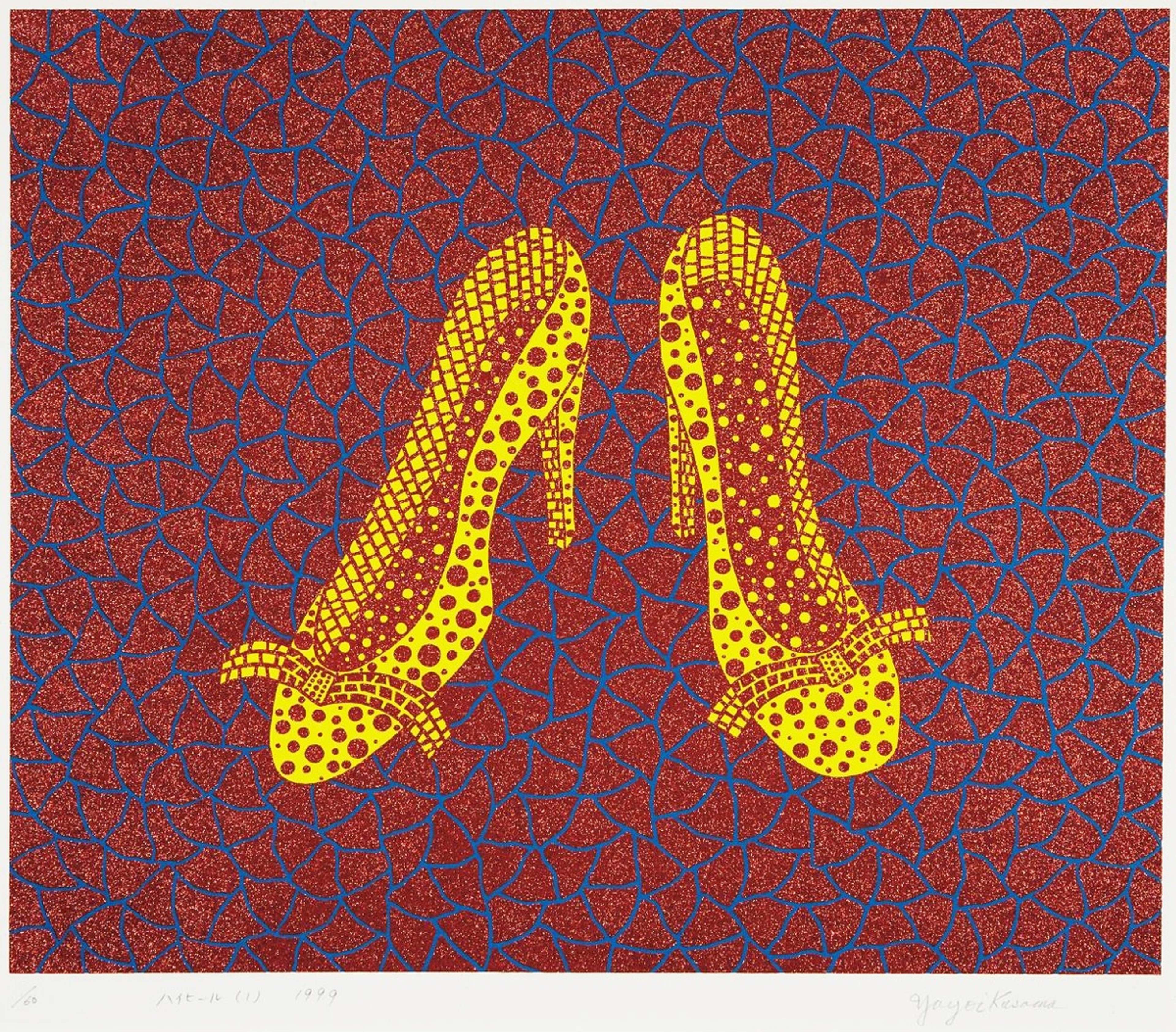 A bold pair of spot-covered heels stands on an abstract plane, the Infinity Nets receding like a woven screen.