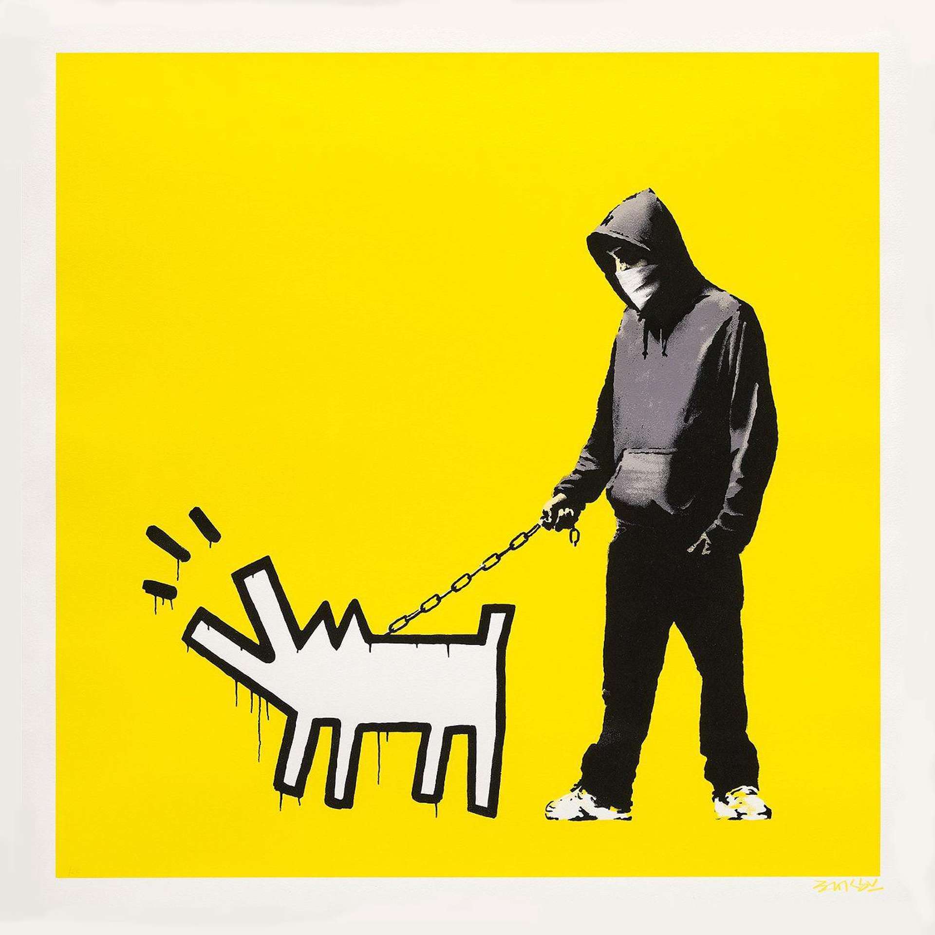A young man wearing denim and an oversized hooded sweatshirt, with a bandana covering his face and his hood pulled up, stands in a wide stance. He has one hand in his pocket and holds a cartoon barking dog on a chain leash. The artwork is set against a vibrant yellow background.