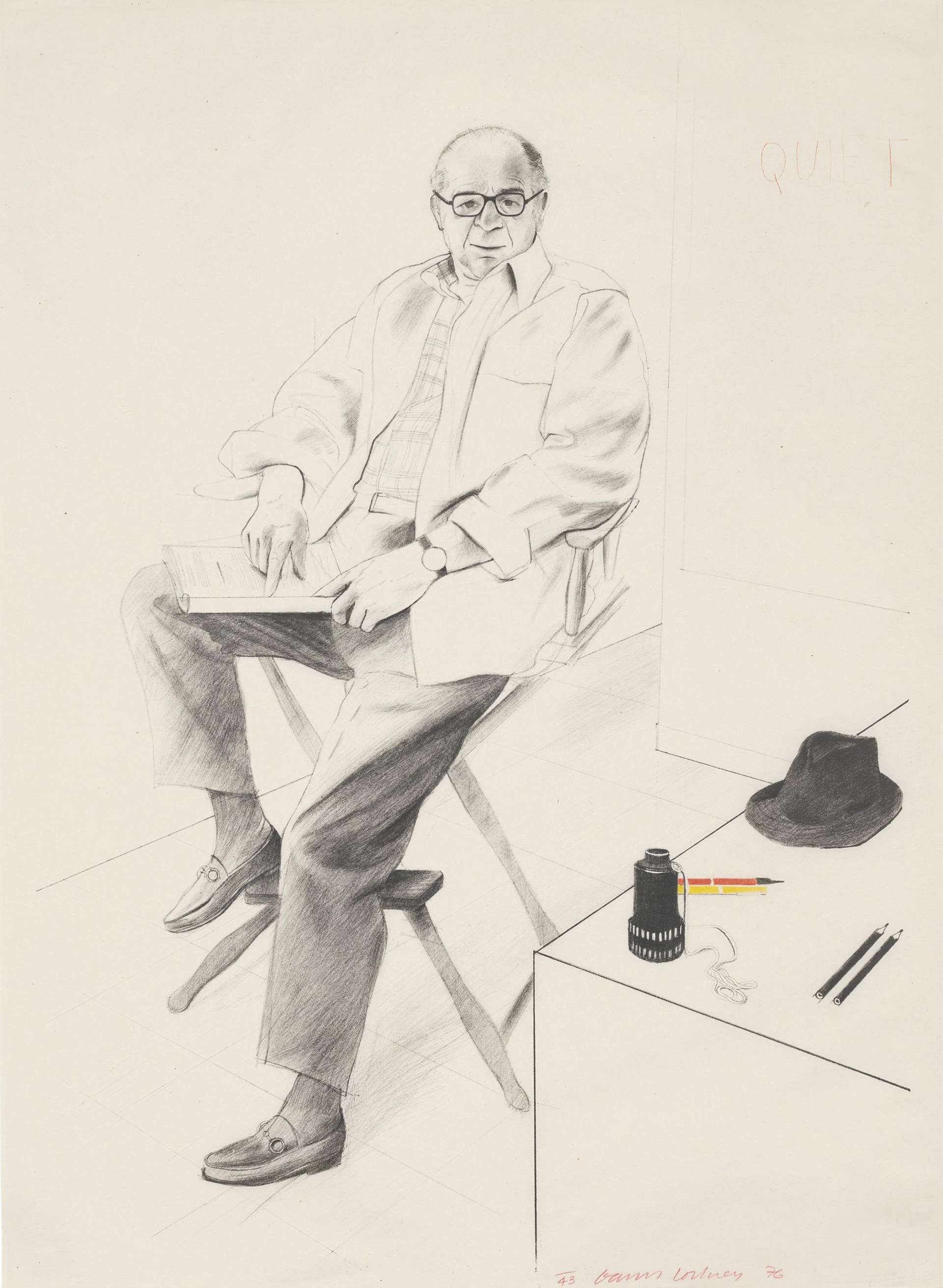 David Hockney’s Billy Wilder. A lithographic print of a drawing of Billy Wilder sitting in a chair holding a book next to a table where his hat, and other tools are placed.