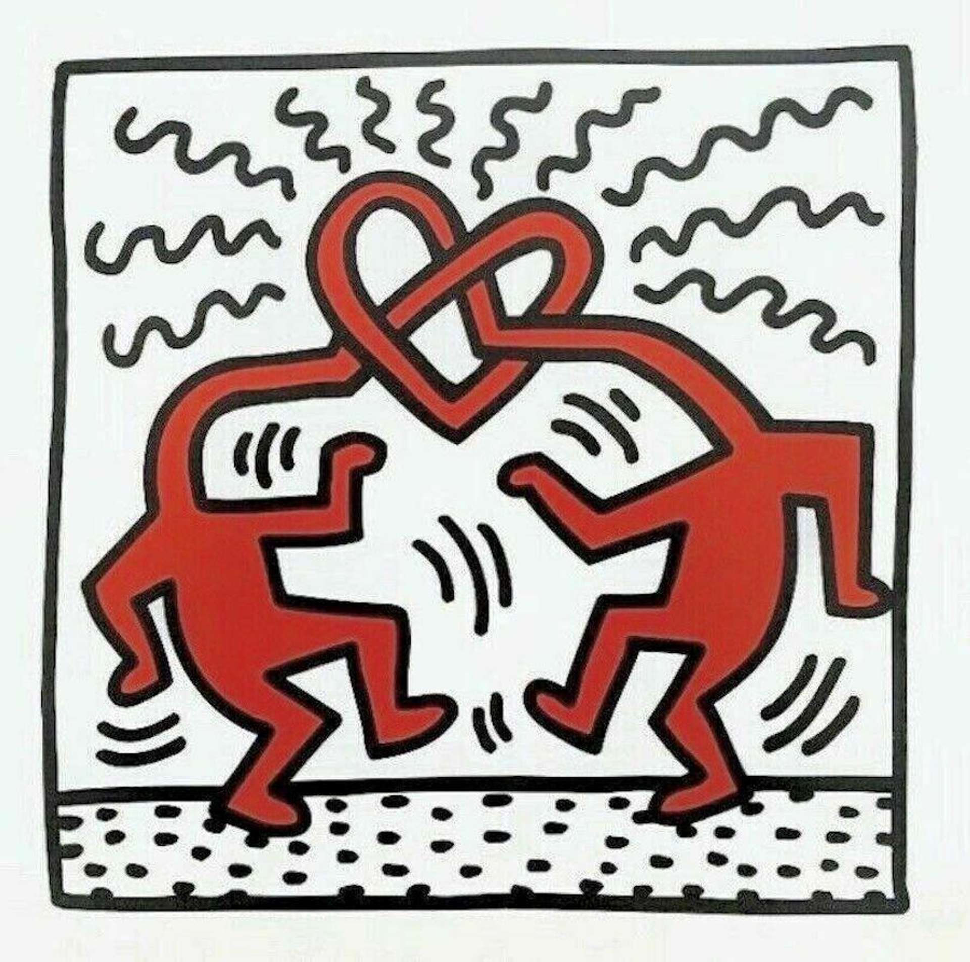 Untitled (1989) by Keith Haring. The imaged shows two dancing figures, their necks conjoined to form a central heart. The figures are rendered in bright red and outlined with bold, black lines
