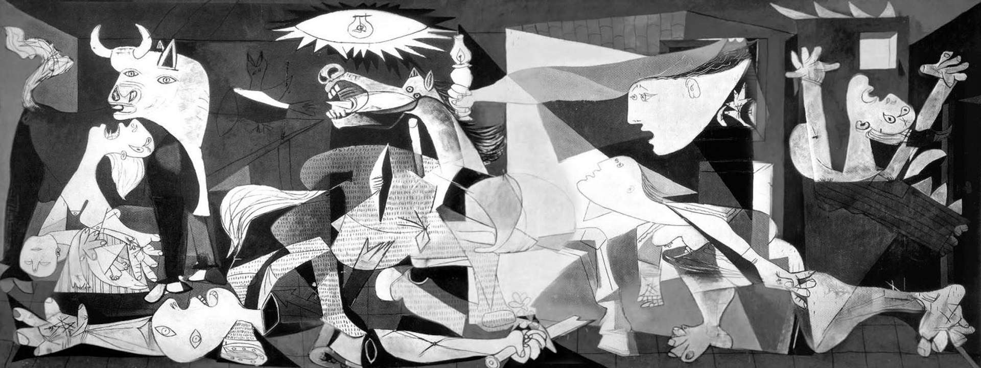 A war scene depicting cubist figures and animals with some figures on the floor and horses rearing their heads