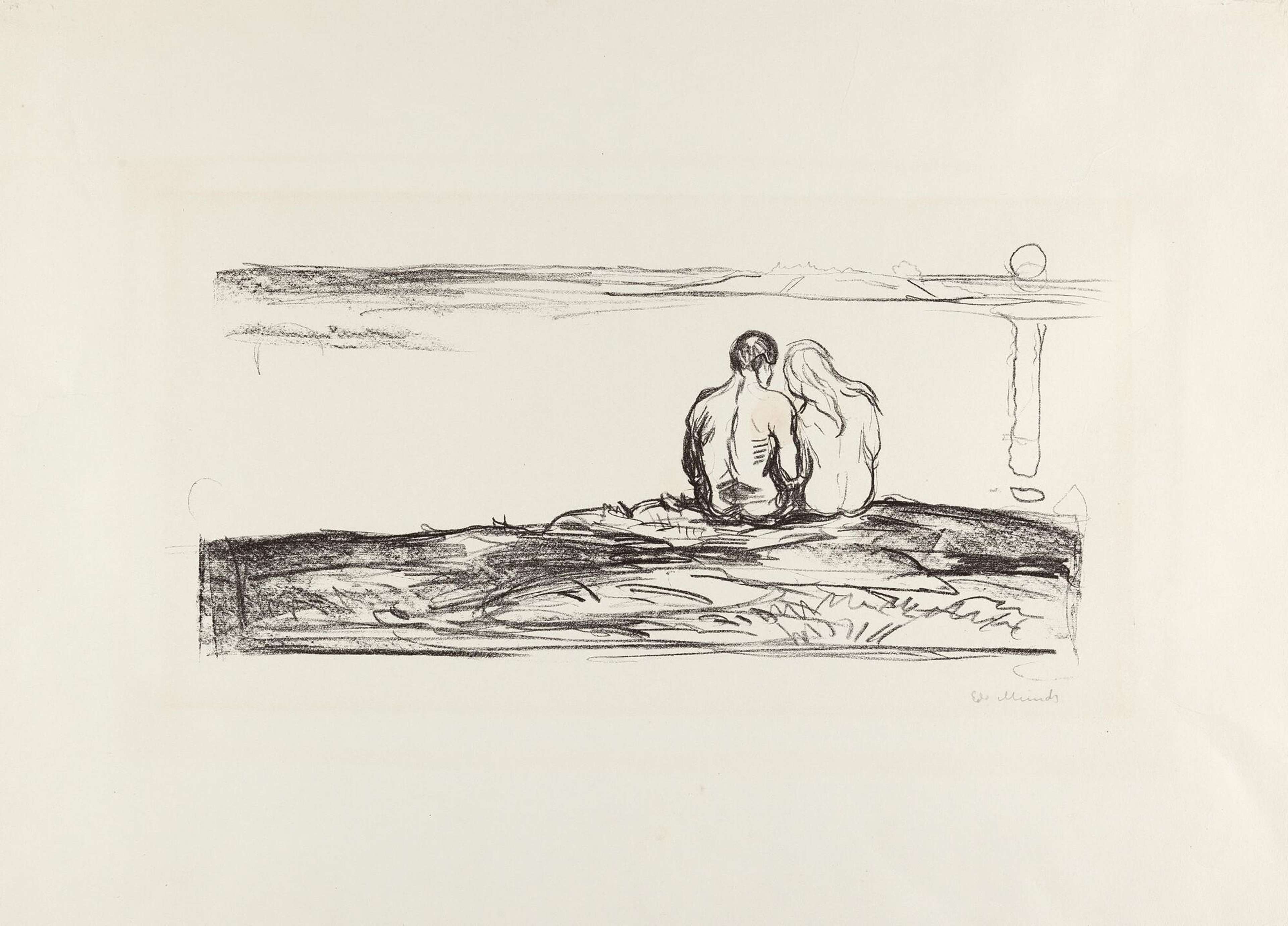 A lithograph print showing two naked figures looking out across some water from a grassy bank. The figures appear to be one male and one female. There is a small island in the distance, and the reflection of the sun on the water to the right of the composition.